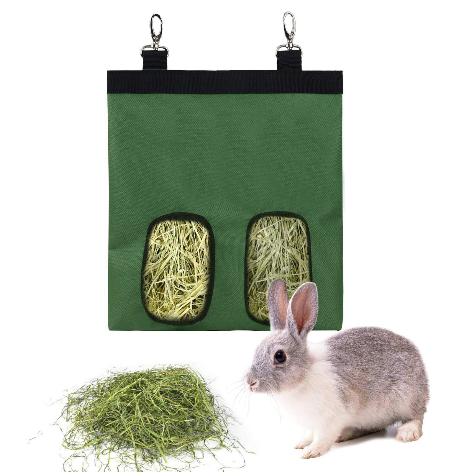 2pcs Rabbit Hay Feeder Bag Guinea Pigs Hanging Hay Rack Manger Holder Dispenser Small Animal Feeder Storage Pouch for Bunny Chinchilla Hamster (Green, 2 Windows) - Image 2