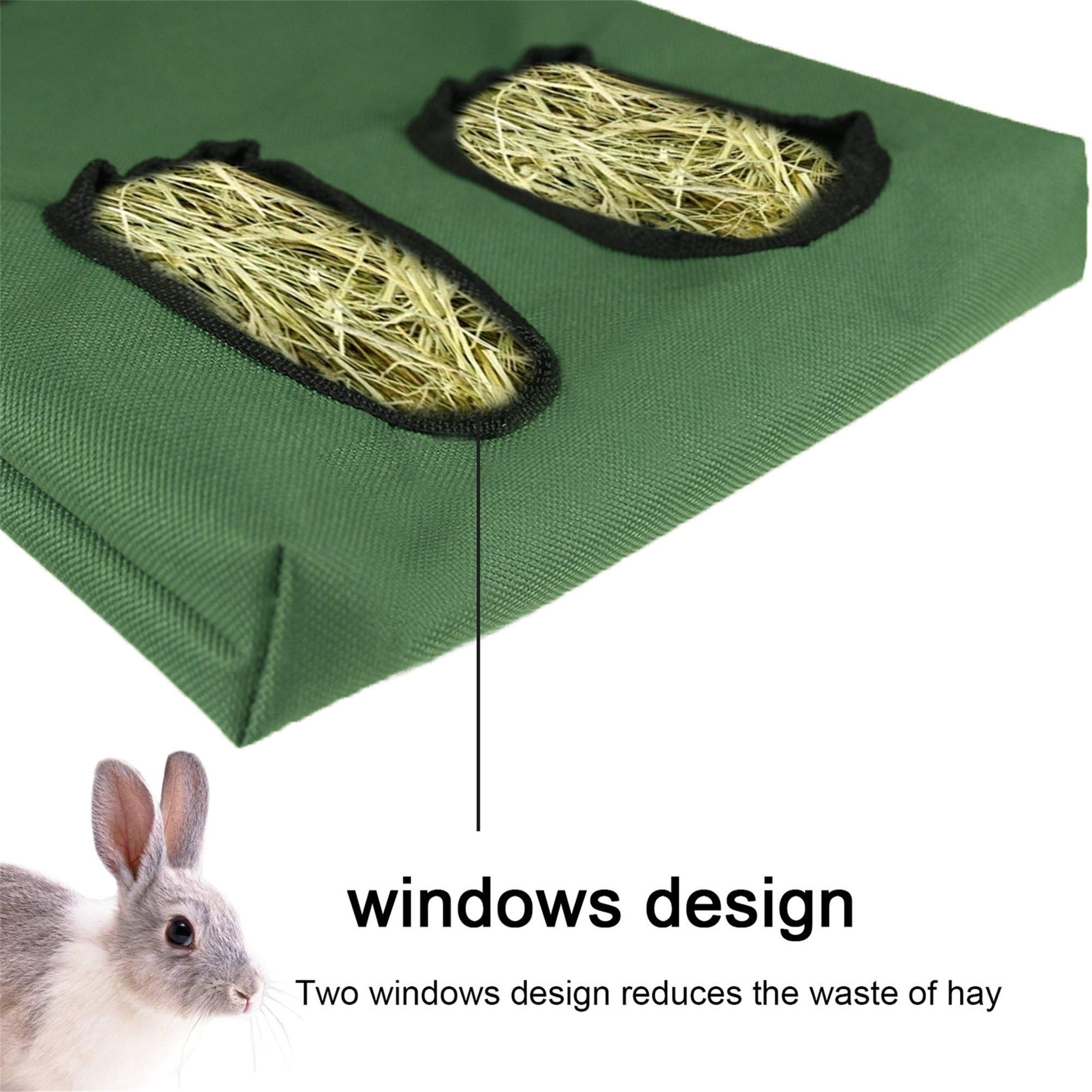 2pcs Rabbit Hay Feeder Bag Guinea Pigs Hanging Hay Rack Manger Holder Dispenser Small Animal Feeder Storage Pouch for Bunny Chinchilla Hamster (Green, 2 Windows) - Image 3