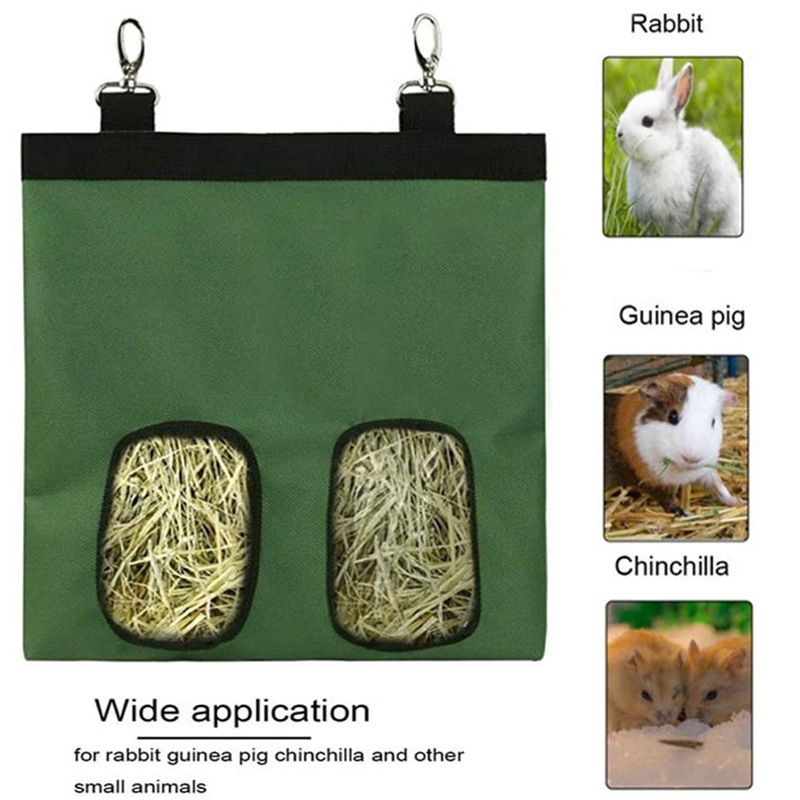 2pcs Rabbit Hay Feeder Bag Guinea Pigs Hanging Hay Rack Manger Holder Dispenser Small Animal Feeder Storage Pouch for Bunny Chinchilla Hamster (Green, 2 Windows) - Image 5