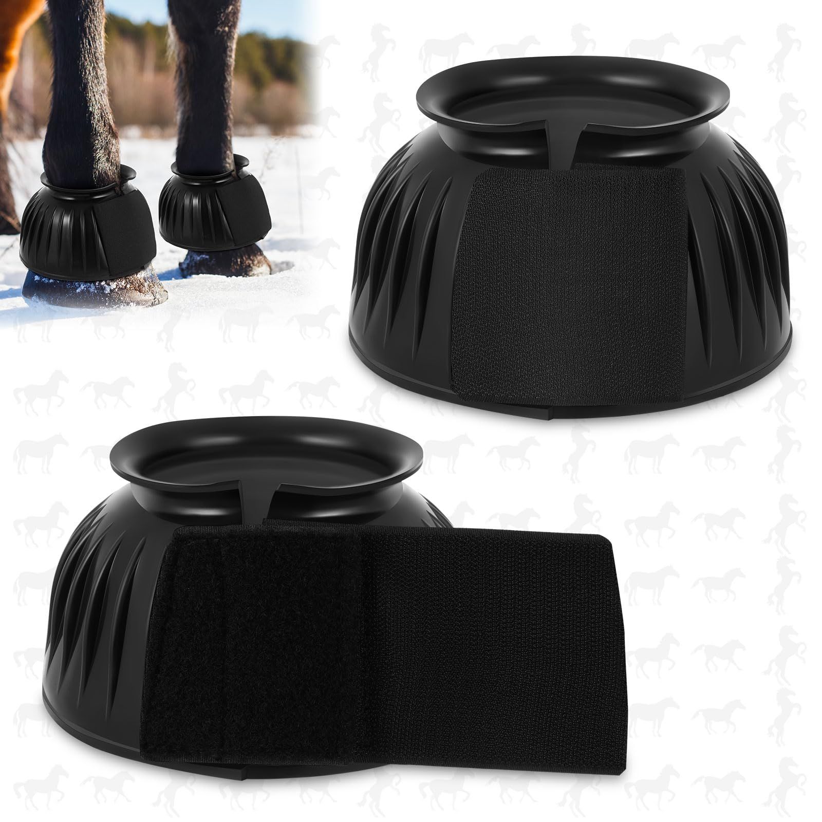 Bell Boots for Horses 1 Pair Protect Against Hoof Impact Trauma, Rubber Bell Boots Horse Care for Turnout, No Rub Design Wrap Hook and Loop - Image 1