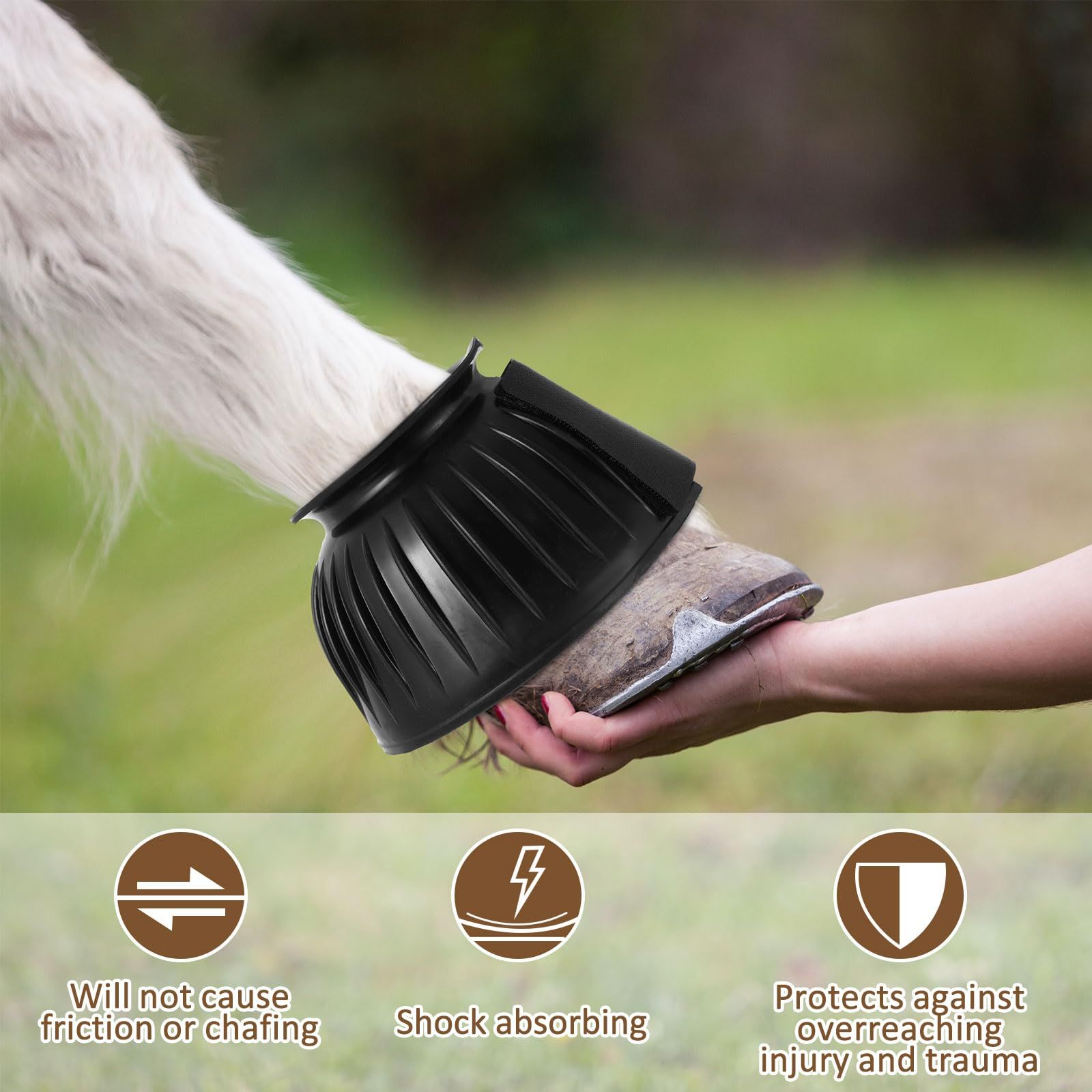 Bell Boots for Horses 1 Pair Protect Against Hoof Impact Trauma, Rubber Bell Boots Horse Care for Turnout, No Rub Design Wrap Hook and Loop - Image 2