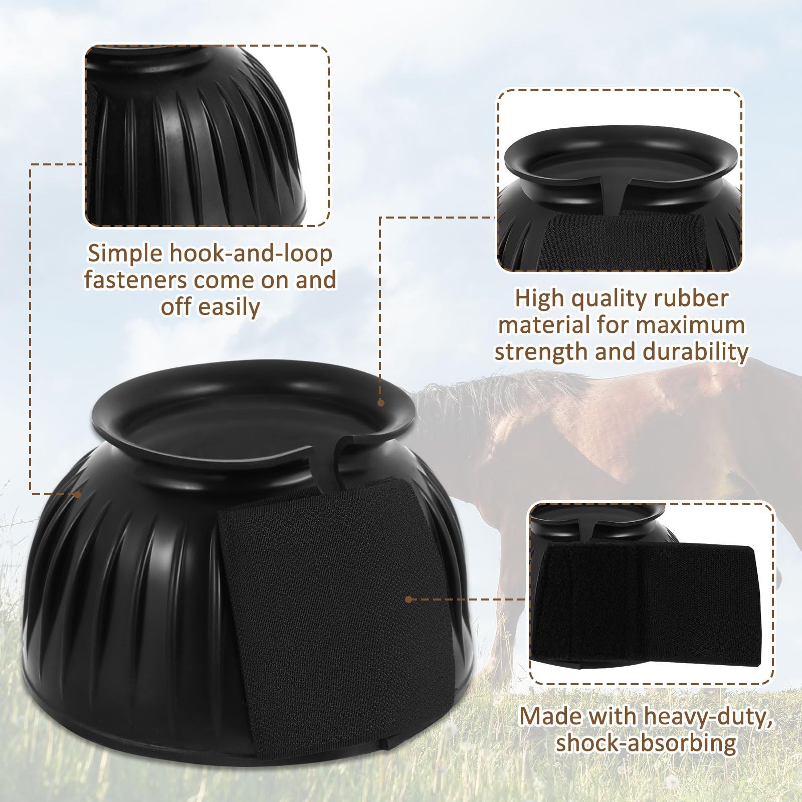 Bell Boots for Horses 1 Pair Protect Against Hoof Impact Trauma, Rubber Bell Boots Horse Care for Turnout, No Rub Design Wrap Hook and Loop - Image 4
