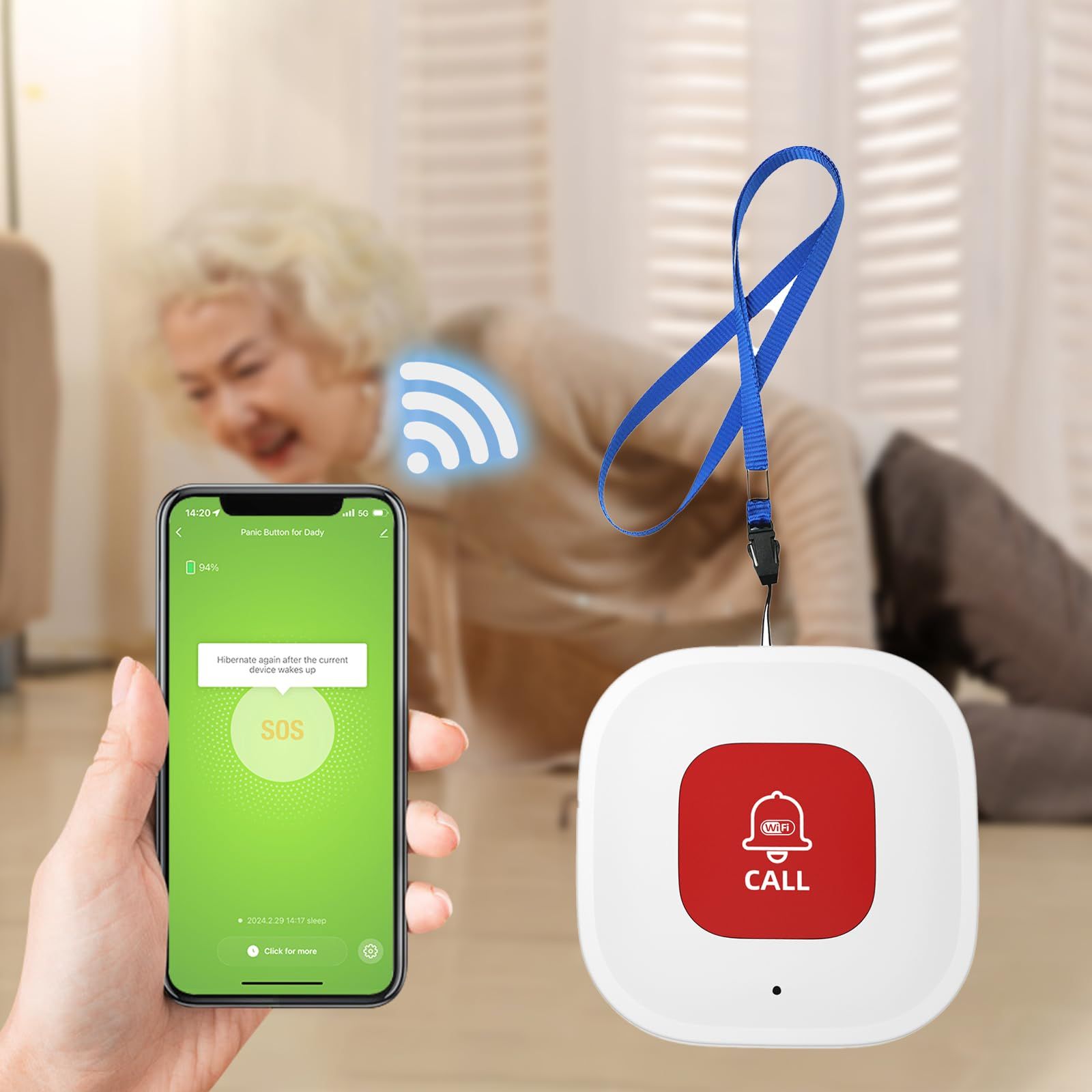 Caregiver Call Button for Elderly at Home w App Notification, Elderly Monitoring, Caregiver Pager, Life Alert Systems for Seniors , Alert Button for Seniors at Home（9.9*cm) - Image 2