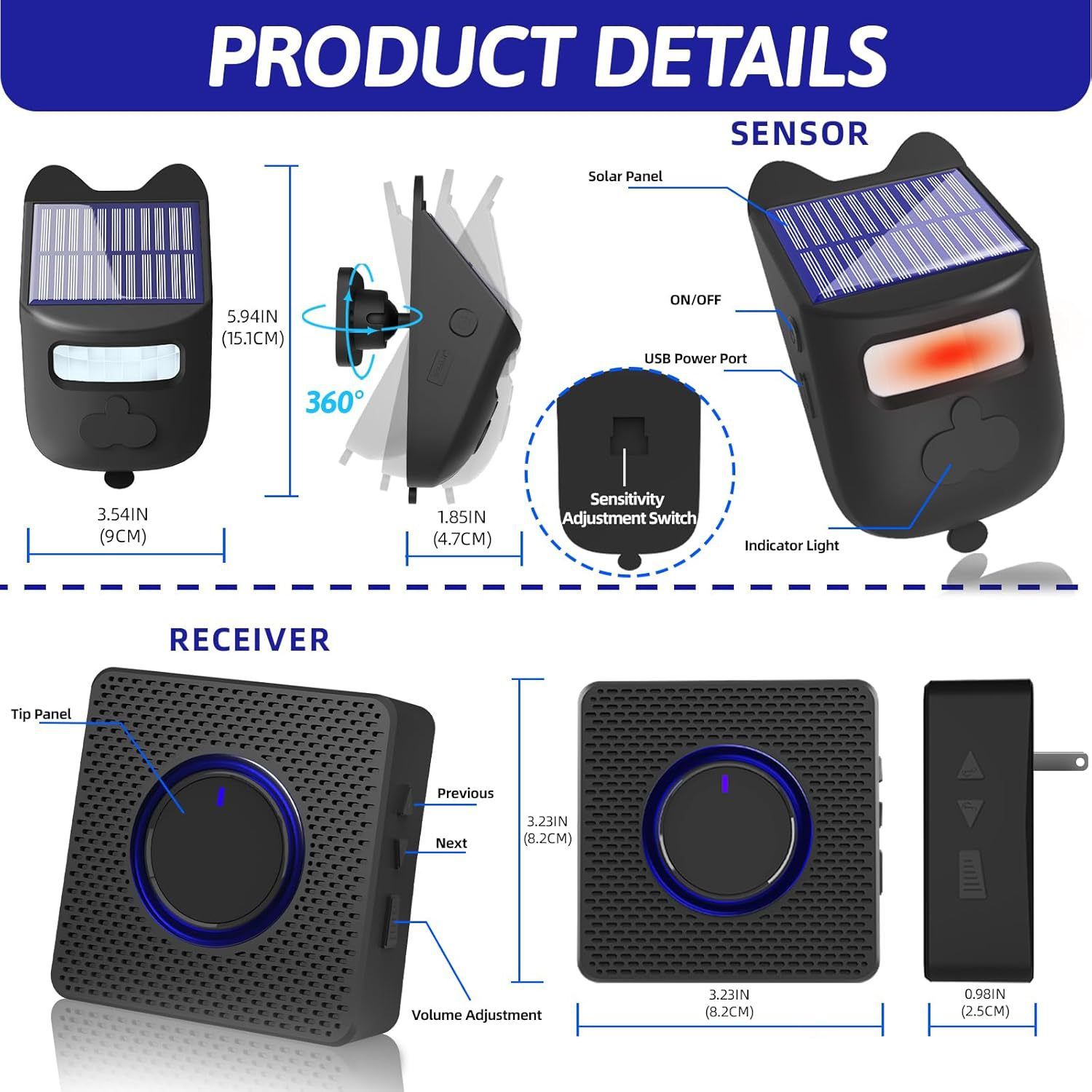 Solar Wireless Driveway Alarm Outdoor Weather-Resistant Motion Sensor Detector Doorbell Chime, DIY Security Alert System (1 Sensor & 2 Doorbell) - Image 2