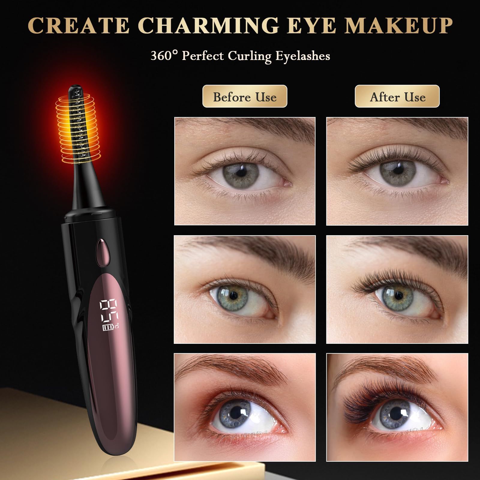 Heated Eyelash Curler Heated Lash Curler 24 Hours Long Lasting Electric Eyelash Curler Fast Heat Up Within 10s Heat Eye lash curlers for Women Rechargeable （Black silicone head） - Image 4