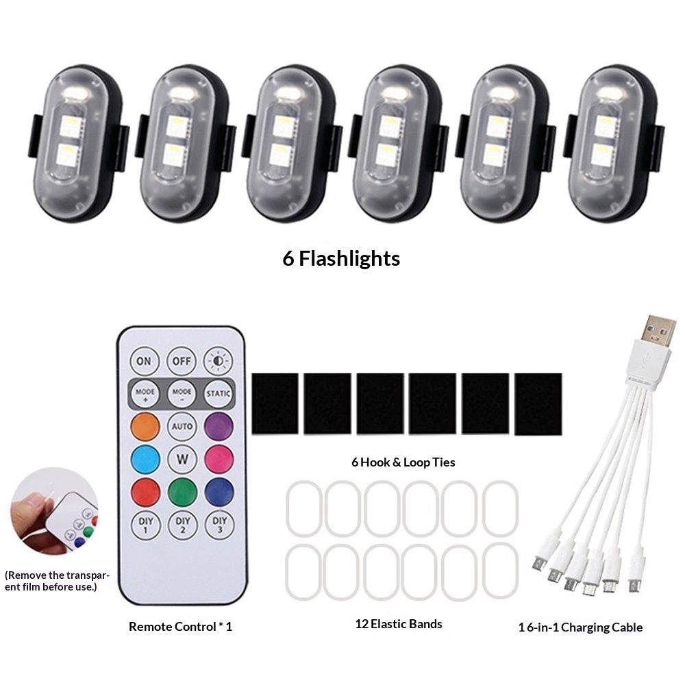 6PCS Wireless LED Lights for Car with Remote Control, Halloween Wireless LED Strobe Lights 8 Colors USB IP65 Waterproof Anti-Collision Warning Light for Car Interior Truck Drone Aircraft Bike - Image 1