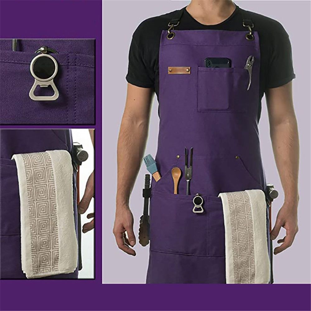 Chef and BBQ Apron - Canvas, Stainless Steel Hardware - Cross Back Straps（Purple, with only one apron） - Image 2