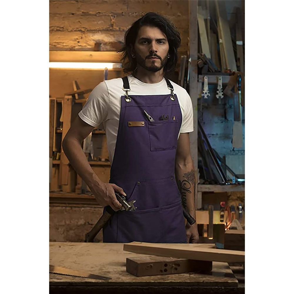 Chef and BBQ Apron - Canvas, Stainless Steel Hardware - Cross Back Straps（Purple, with only one apron） - Image 5