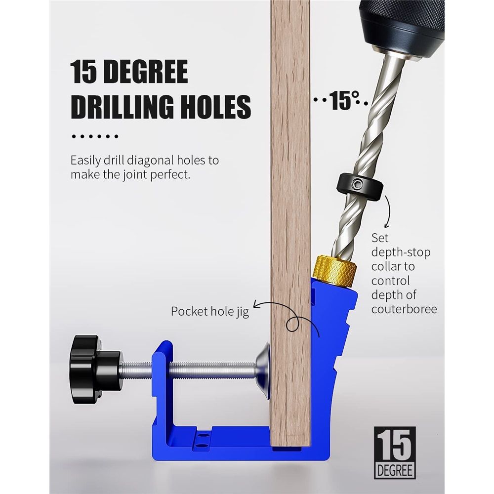 Pocket Hole Jig Kit, Pocket Screw Jig 15 Degree Drilling Locator,Pocket Dowel Hole Jig System Set Wood Joint Angle Tool (Blue) - Image 3
