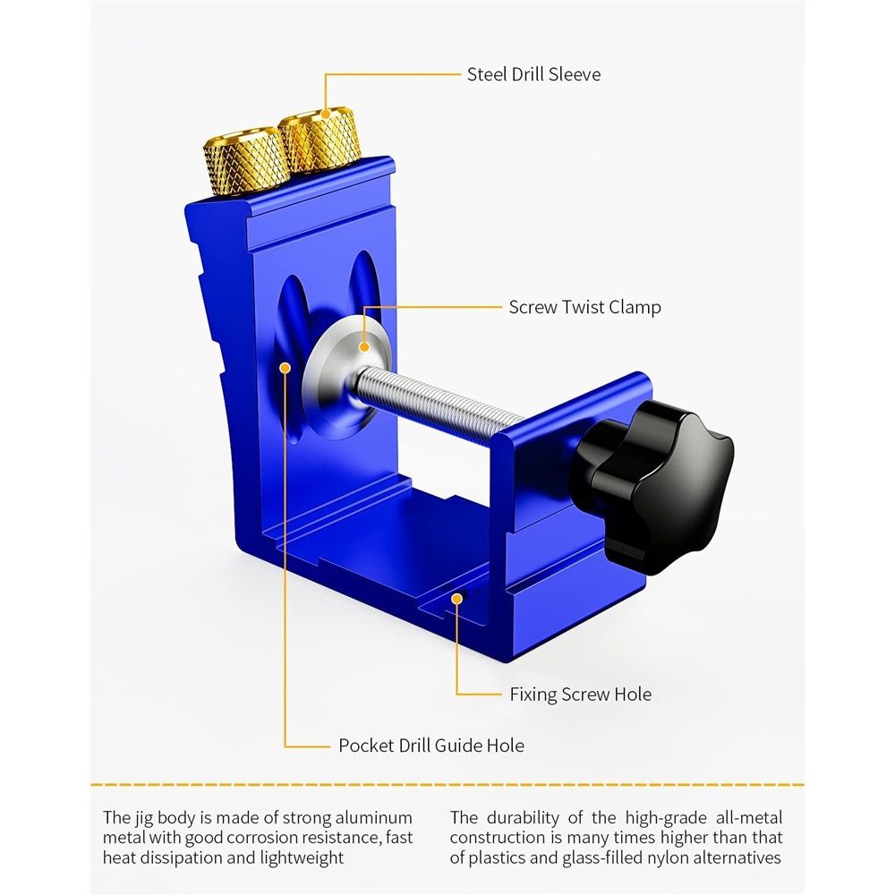 Pocket Hole Jig Kit, Pocket Screw Jig 15 Degree Drilling Locator,Pocket Dowel Hole Jig System Set Wood Joint Angle Tool (Blue) - Image 5