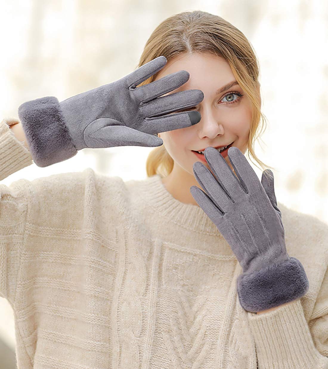 Women Winter Warm Touch Screen Soft Windproof Lined Thick Gloves for Snow Skiing in Clod Weather grey - Image 4