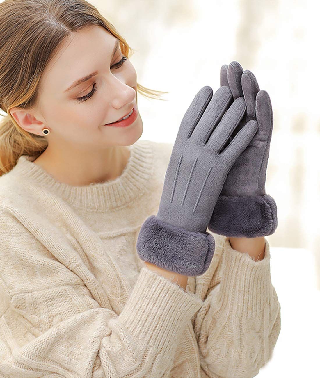 Women Winter Warm Touch Screen Soft Windproof Lined Thick Gloves for Snow Skiing in Clod Weather grey - Image 5