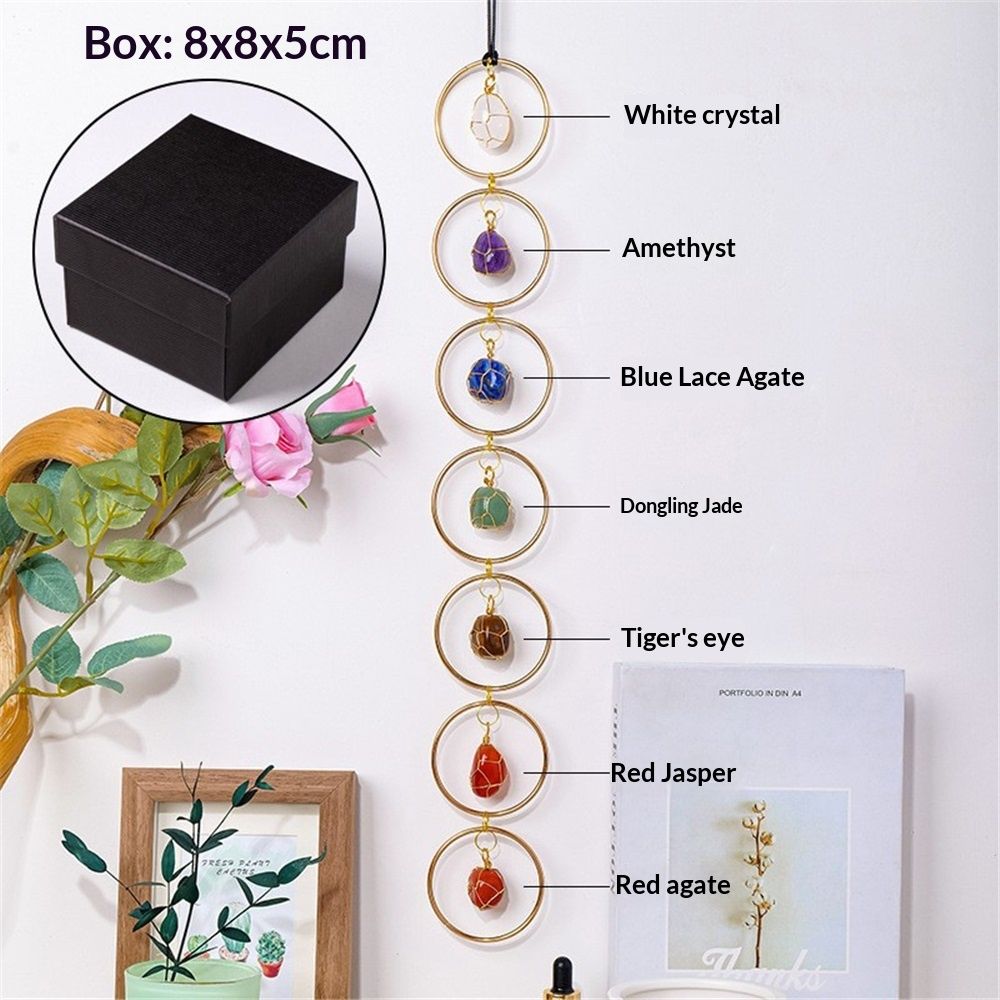 7 Chakra Crystal Hanging Ornament, Unique, Spiritual Boho Wall Decor, Raw Chakra Stones Amethyst Suncatcher, Rose Quartz Crystal (Gold) - Image 1