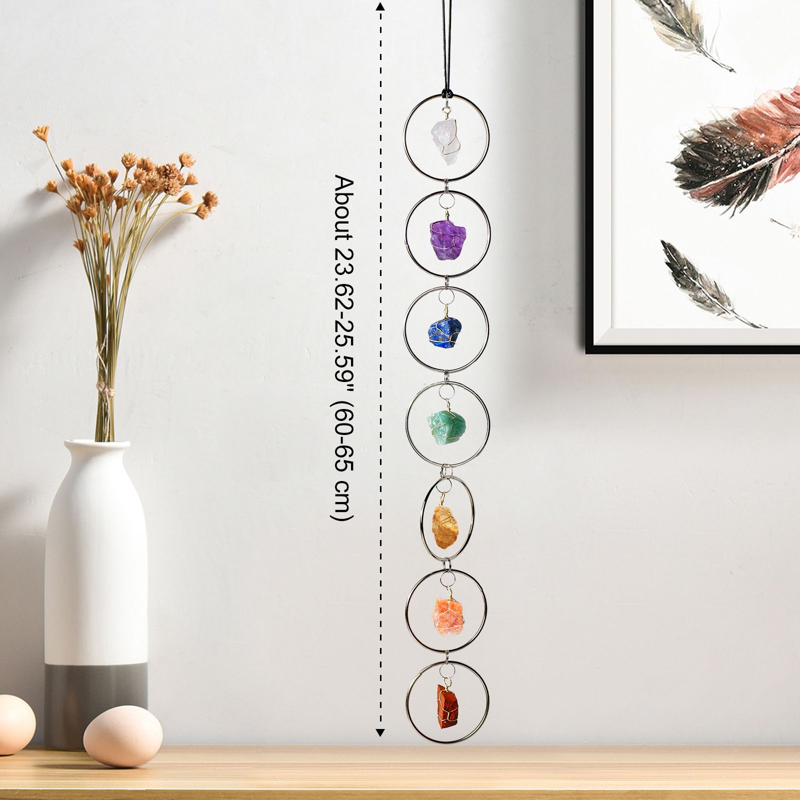 7 Chakra Crystal Hanging Ornament, Unique, Spiritual Boho Wall Decor, Raw Chakra Stones Amethyst Suncatcher, Rose Quartz Crystal (Gold) - Image 2