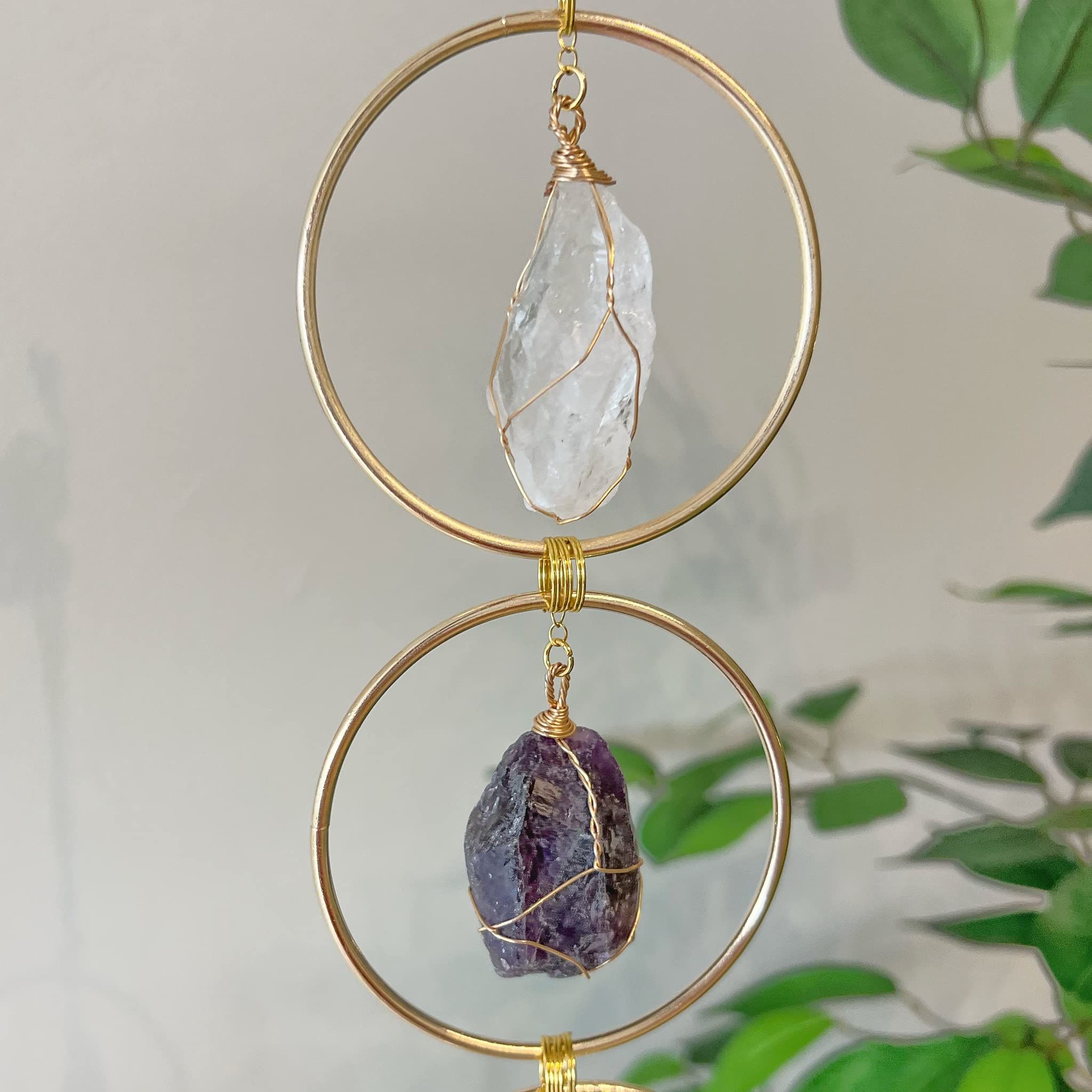 7 Chakra Crystal Hanging Ornament, Unique, Spiritual Boho Wall Decor, Raw Chakra Stones Amethyst Suncatcher, Rose Quartz Crystal (Gold) - Image 3