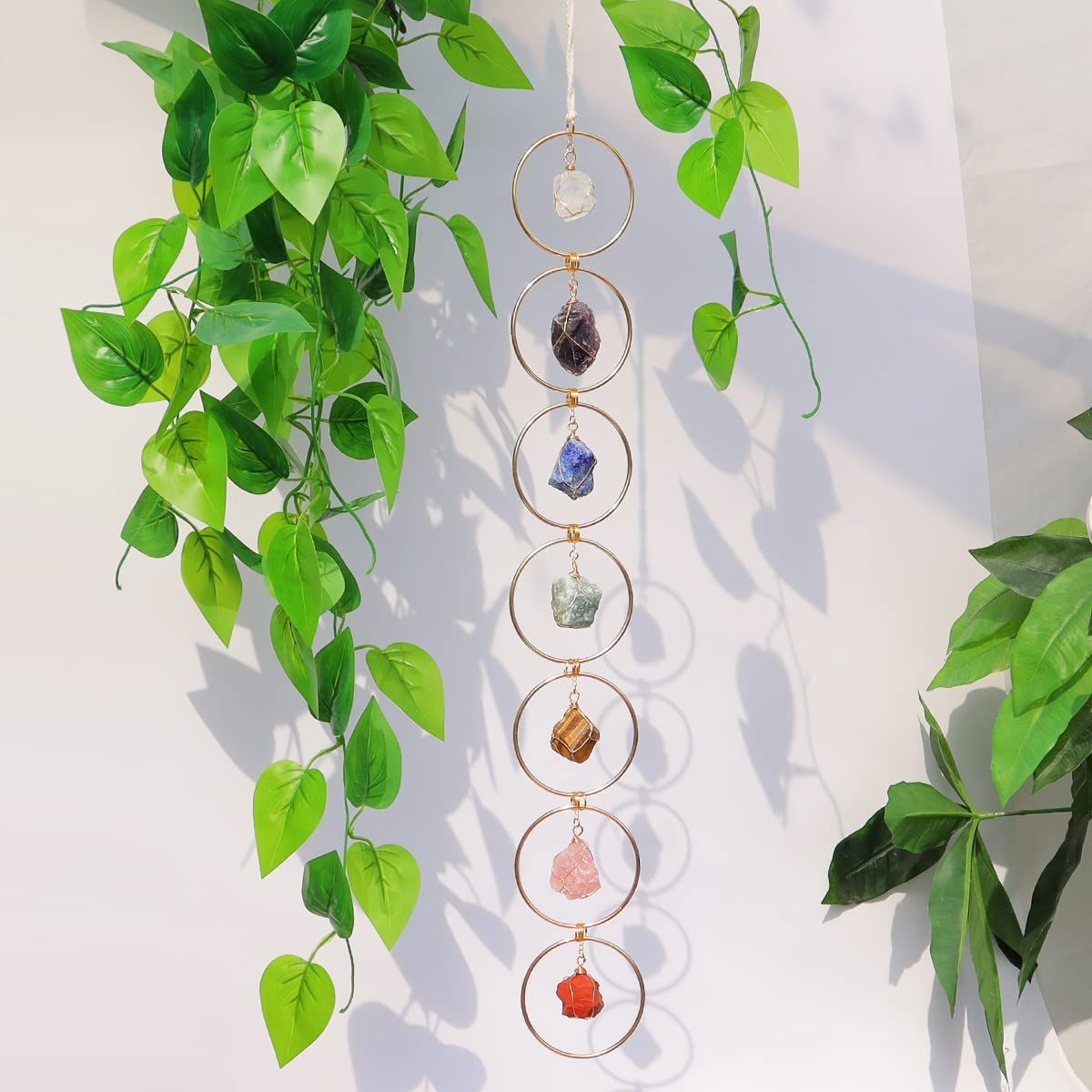7 Chakra Crystal Hanging Ornament, Unique, Spiritual Boho Wall Decor, Raw Chakra Stones Amethyst Suncatcher, Rose Quartz Crystal (Gold) - Image 4