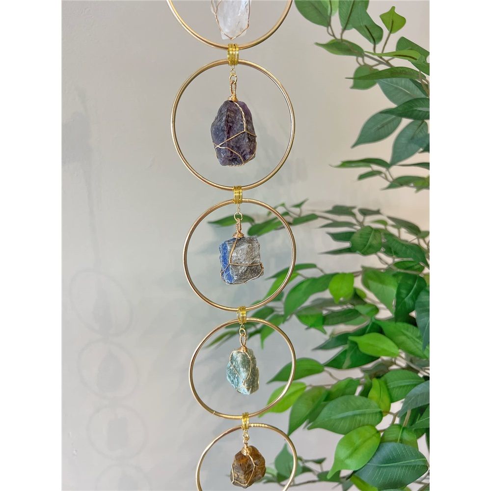 7 Chakra Crystal Hanging Ornament, Unique, Spiritual Boho Wall Decor, Raw Chakra Stones Amethyst Suncatcher, Rose Quartz Crystal (Gold) - Image 5
