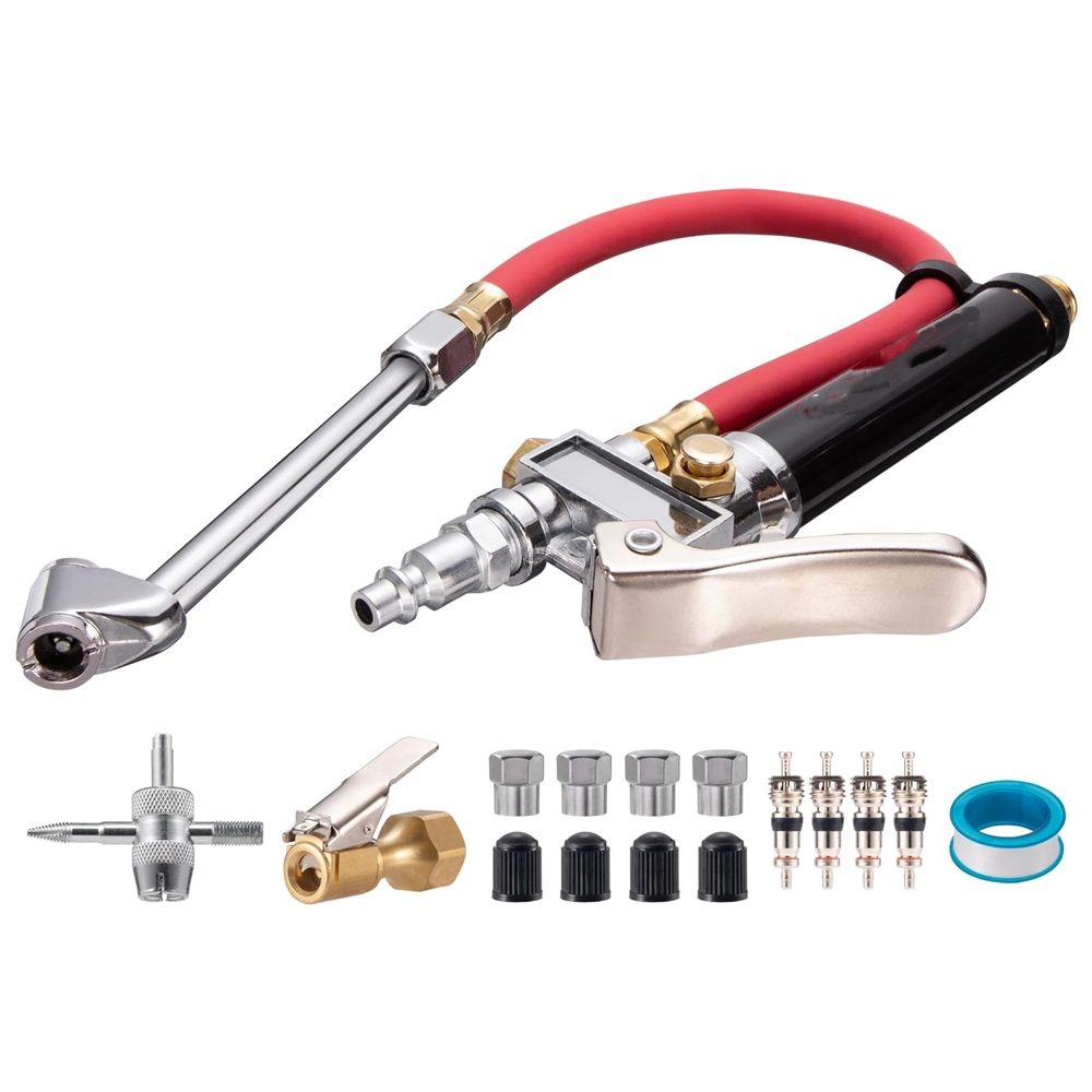 10-120 PSI Heavy Duty Tire Pressure Gauge with Inflator Air Chuck with Pressure Gauge with 4 Way Tool and Valve Cores Air Compressor Attachments Tire Inflator Nozzle for Car Automotive Truck - Image 1