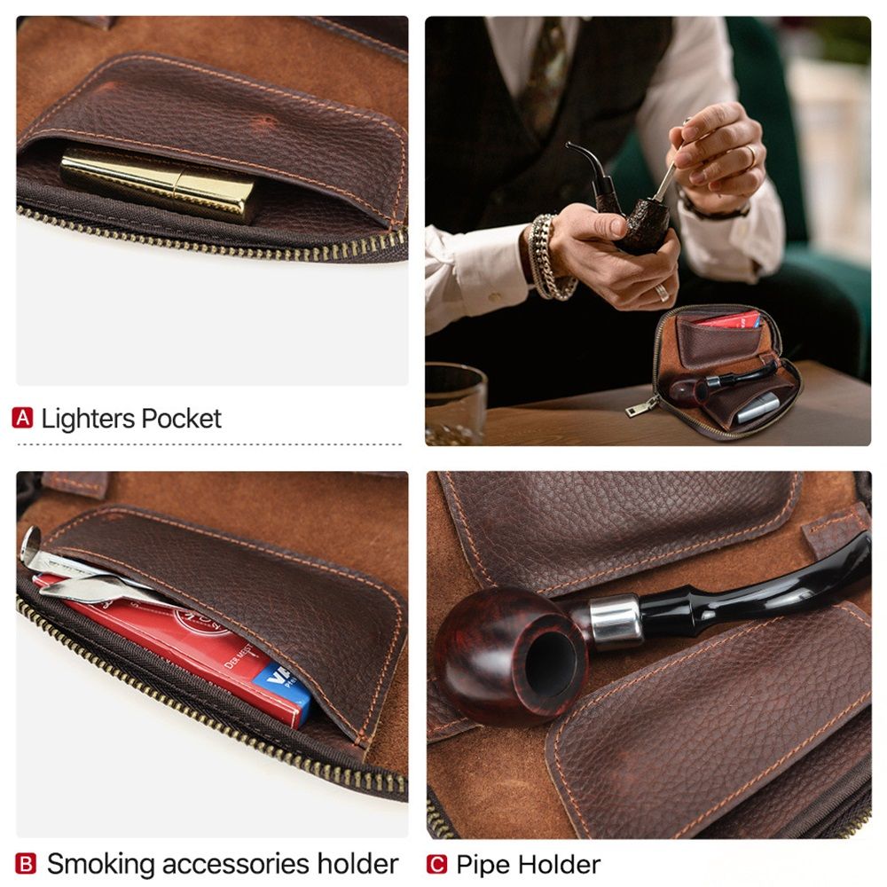 Small Pipe Tobacco Pouch Leather Smoking Pipe Storage Organizer Portable Accessories Lighter Holder Zipper Tobacco Pipes Travel Box - Image 3