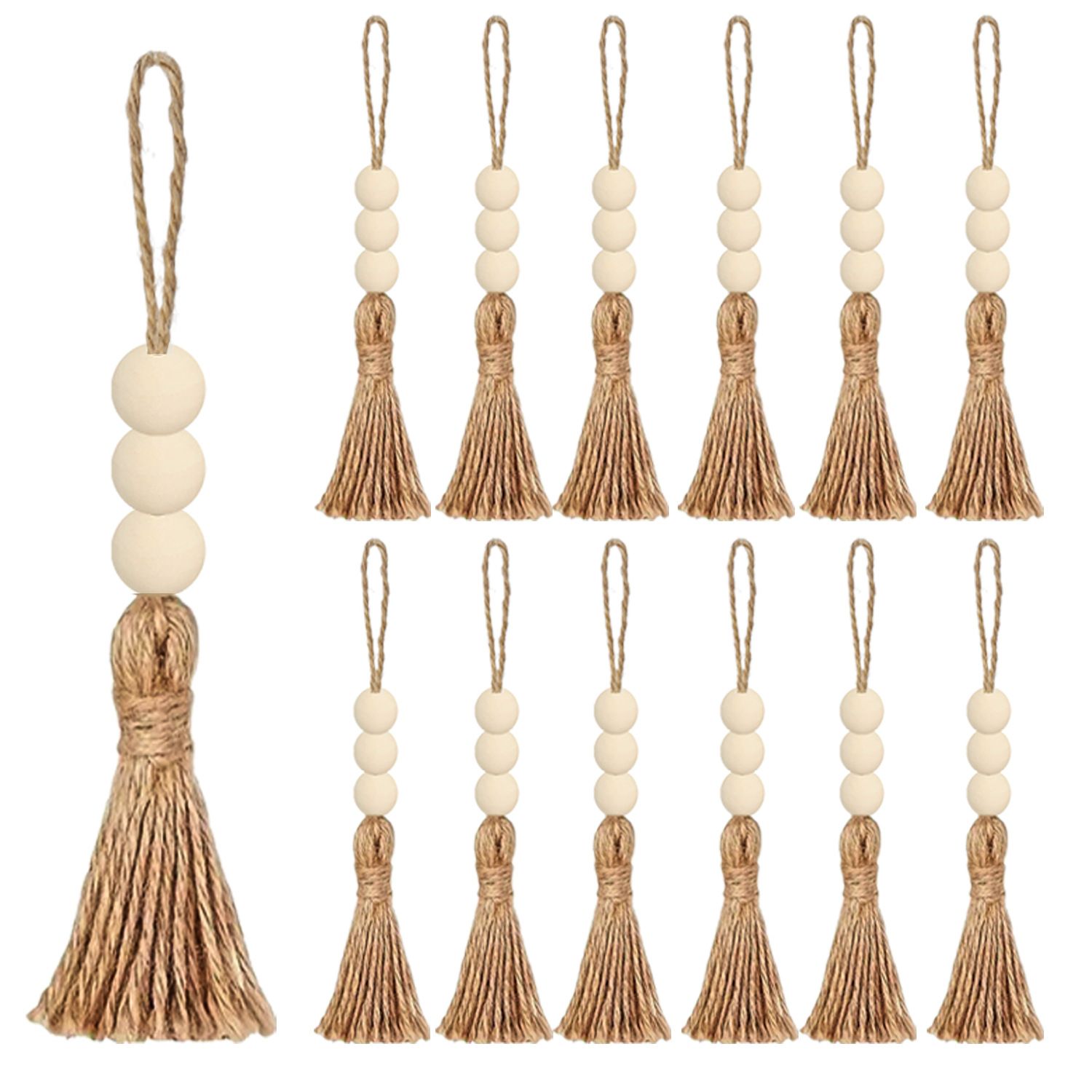 40 Sets Jute Tassels with 3 Wood Beads Natural Jute Rope Burlap Tassels for Christmas Tree DIY Craft Wood Beads Garland Project Wedding Home Party Decorations - Image 1
