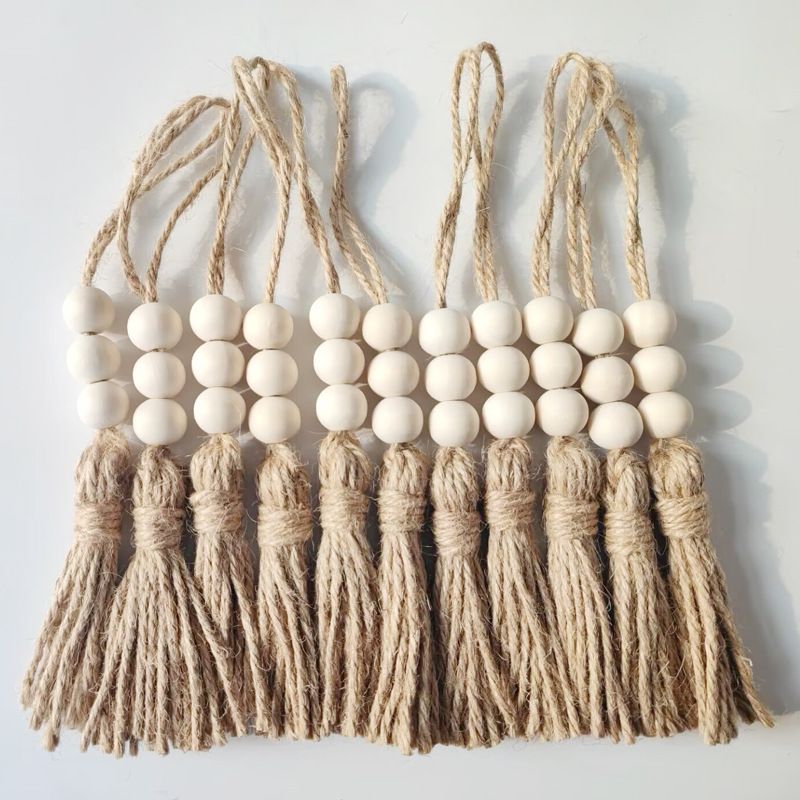 40 Sets Jute Tassels with 3 Wood Beads Natural Jute Rope Burlap Tassels for Christmas Tree DIY Craft Wood Beads Garland Project Wedding Home Party Decorations - Image 3