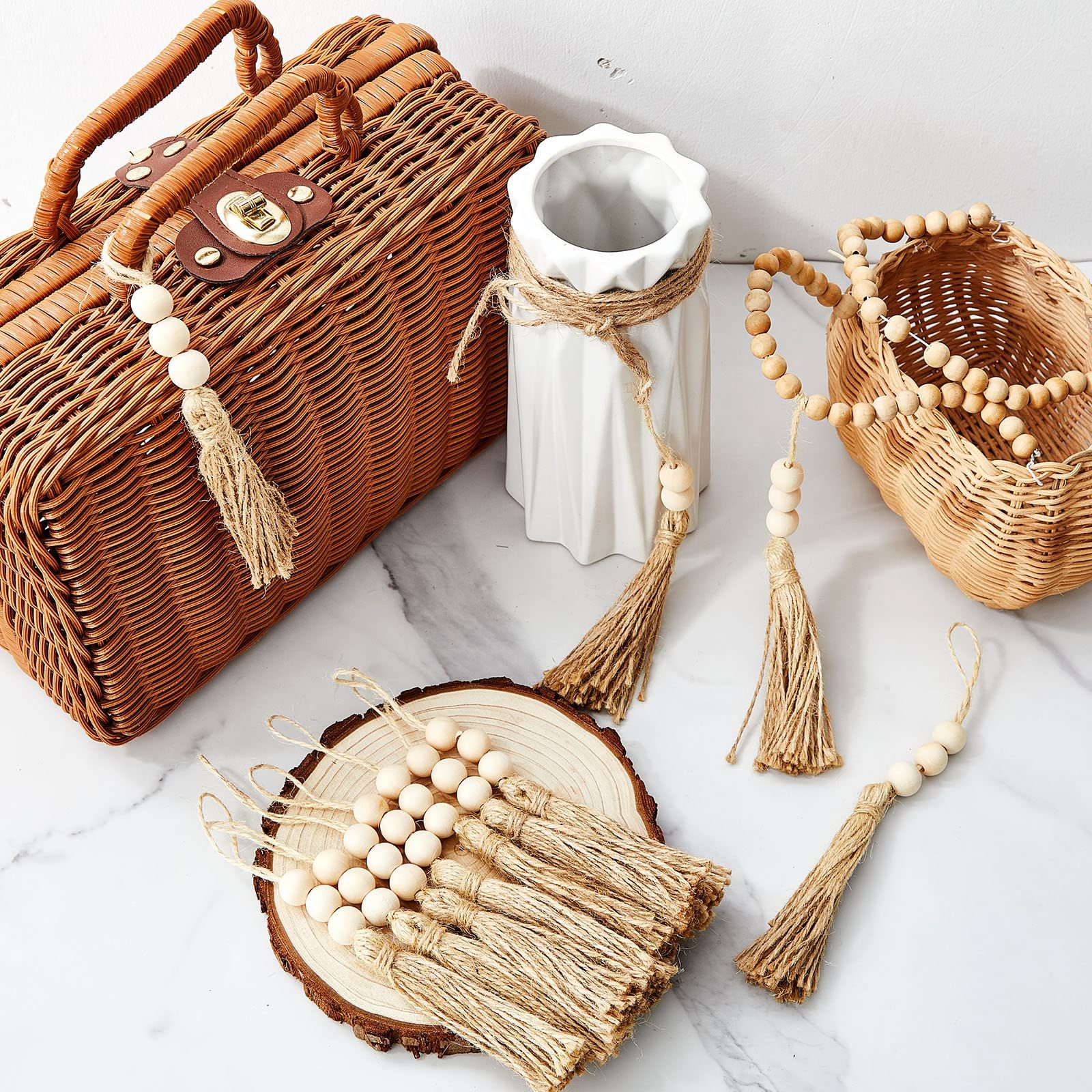 40 Sets Jute Tassels with 3 Wood Beads Natural Jute Rope Burlap Tassels for Christmas Tree DIY Craft Wood Beads Garland Project Wedding Home Party Decorations - Image 4