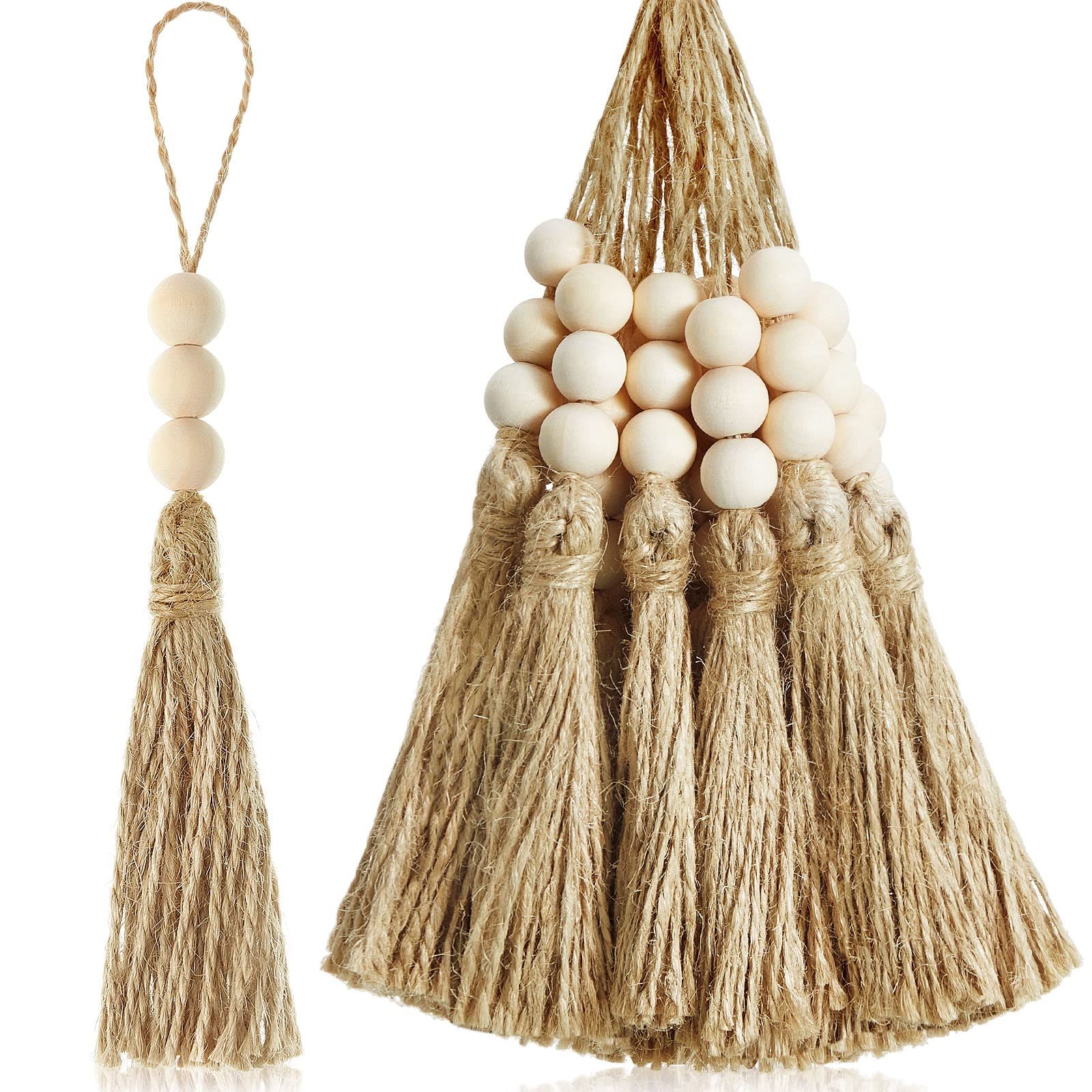 40 Sets Jute Tassels with 3 Wood Beads Natural Jute Rope Burlap Tassels for Christmas Tree DIY Craft Wood Beads Garland Project Wedding Home Party Decorations - Image 5