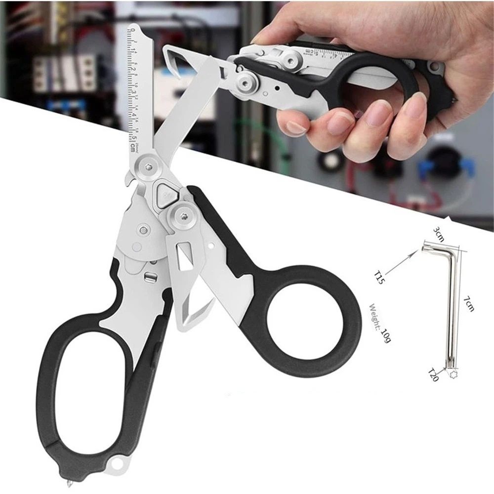 Heavy Duty 6 in 1 Multifunctional Trauma Shears Foldable | Stainless Steel emergency response scissors | Survival Shears with Holster | Trauma shears  With Strap Cutter | Black - Image 1