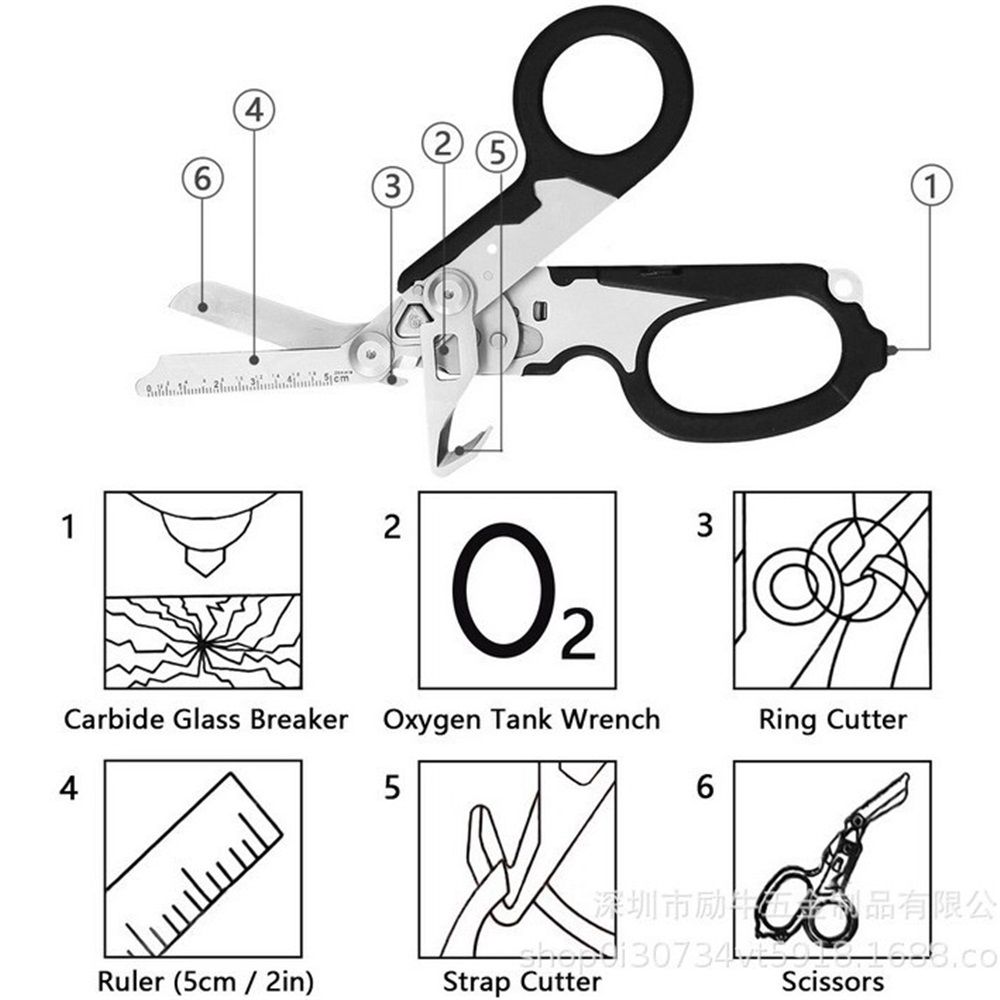 Heavy Duty 6 in 1 Multifunctional Trauma Shears Foldable | Stainless Steel emergency response scissors | Survival Shears with Holster | Trauma shears  With Strap Cutter | Black - Image 2