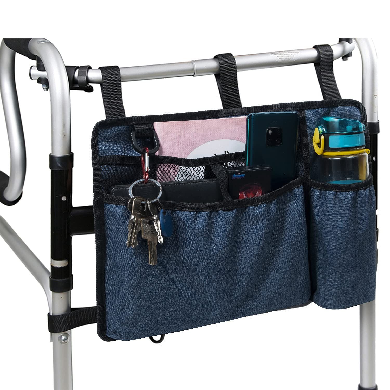 Bag Basket with Cup Holder Suit for Adult Folding Walkers Rollator Organizer Carry Storage Pouch Water-Resistant Armrest Accessories for Seniors, Elderly, Handicap, Blue - Image 1