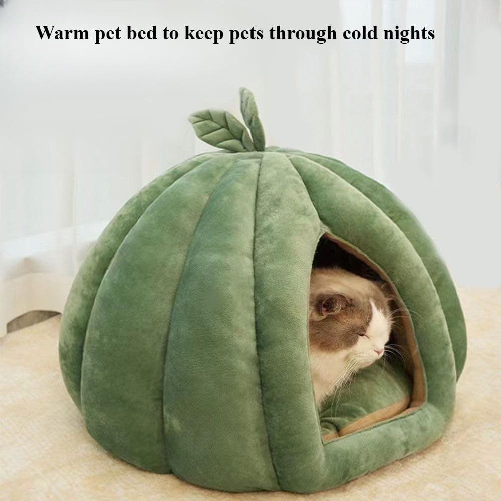Cat Beds for Indoor Cats, Pumpkin Cat House,Cute Pumpkin Shape Cat Cave Bed Cat Tent with Removable Cushion, Warm Cave Nest Sleeping Bed Puppy House (Green S) - Image 2