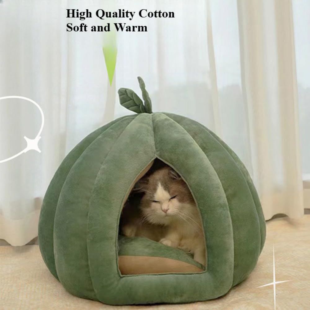 Cat Beds for Indoor Cats, Pumpkin Cat House,Cute Pumpkin Shape Cat Cave Bed Cat Tent with Removable Cushion, Warm Cave Nest Sleeping Bed Puppy House (Green S) - Image 3