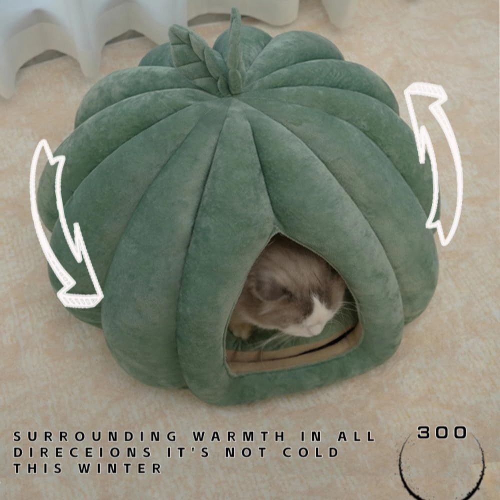 Cat Beds for Indoor Cats, Pumpkin Cat House,Cute Pumpkin Shape Cat Cave Bed Cat Tent with Removable Cushion, Warm Cave Nest Sleeping Bed Puppy House (Green S) - Image 4