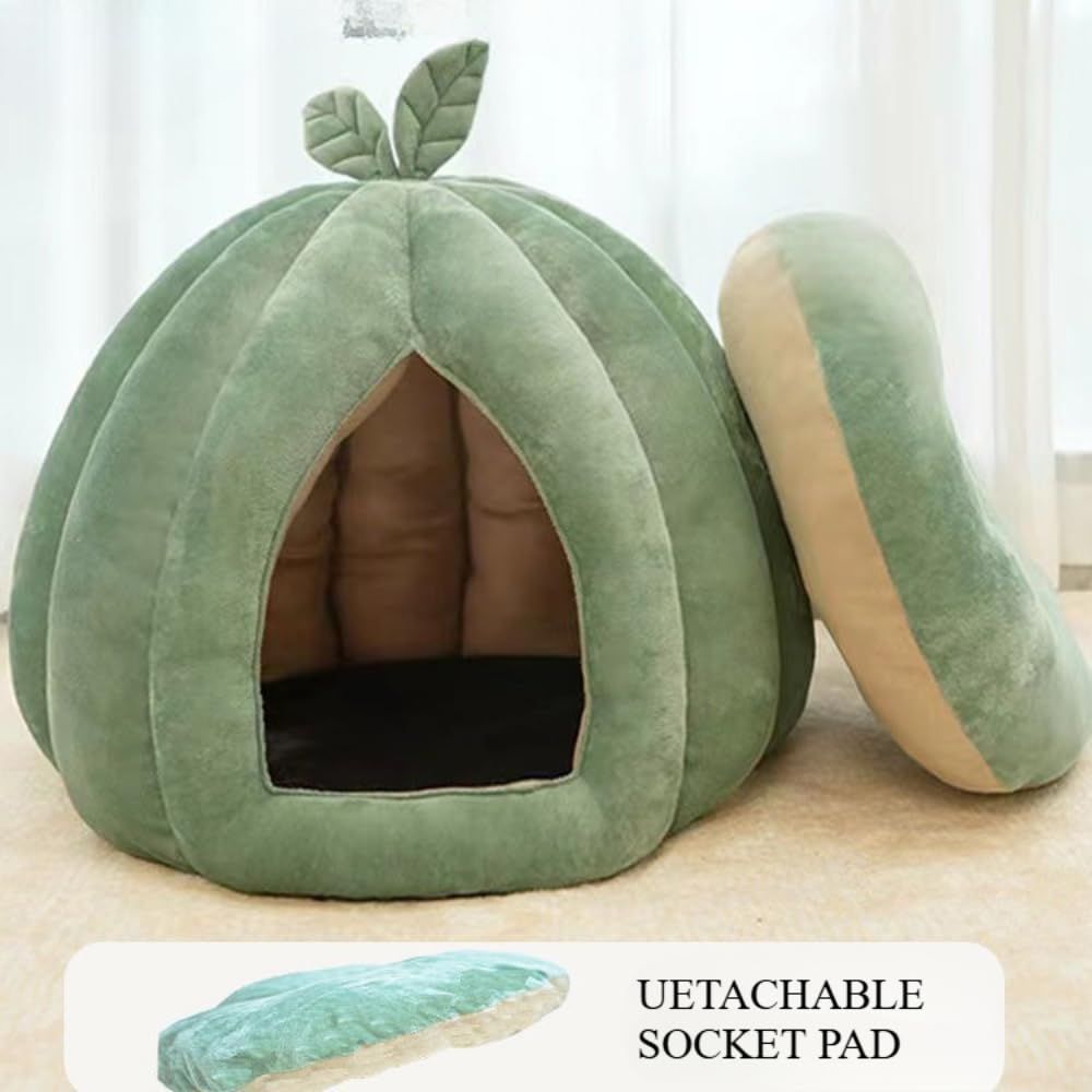 Cat Beds for Indoor Cats, Pumpkin Cat House,Cute Pumpkin Shape Cat Cave Bed Cat Tent with Removable Cushion, Warm Cave Nest Sleeping Bed Puppy House (Green S) - Image 5