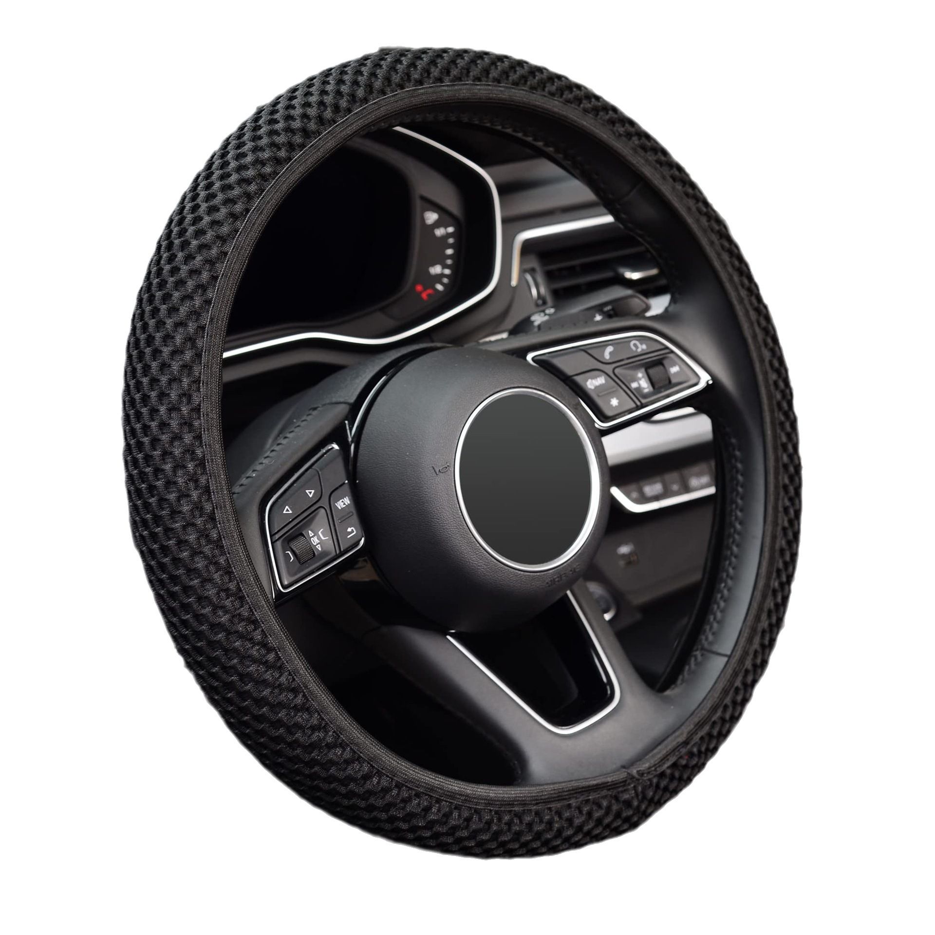 Elastic Stretch Steering Wheel Cover,Warm in Winter and Cool in Summer, Universal 15 inch, Microfiber Breathable Ice Silk, Anti-Slip, Odorless, Easy Carry,Black - Image 1