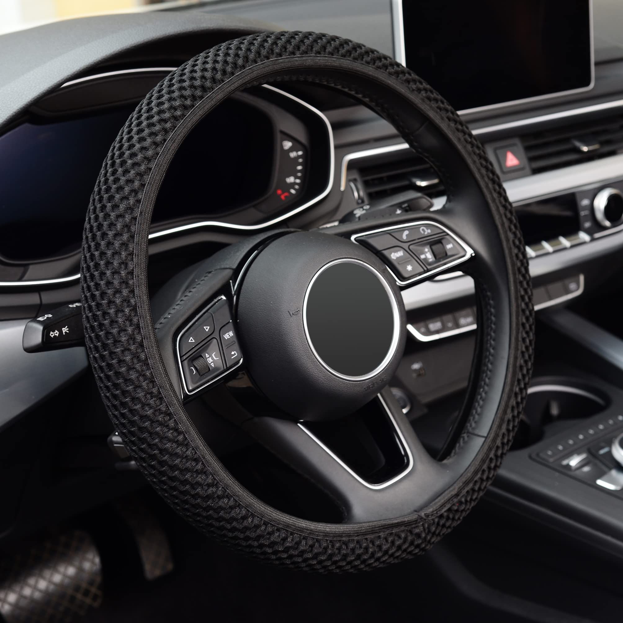 Elastic Stretch Steering Wheel Cover,Warm in Winter and Cool in Summer, Universal 15 inch, Microfiber Breathable Ice Silk, Anti-Slip, Odorless, Easy Carry,Black - Image 2