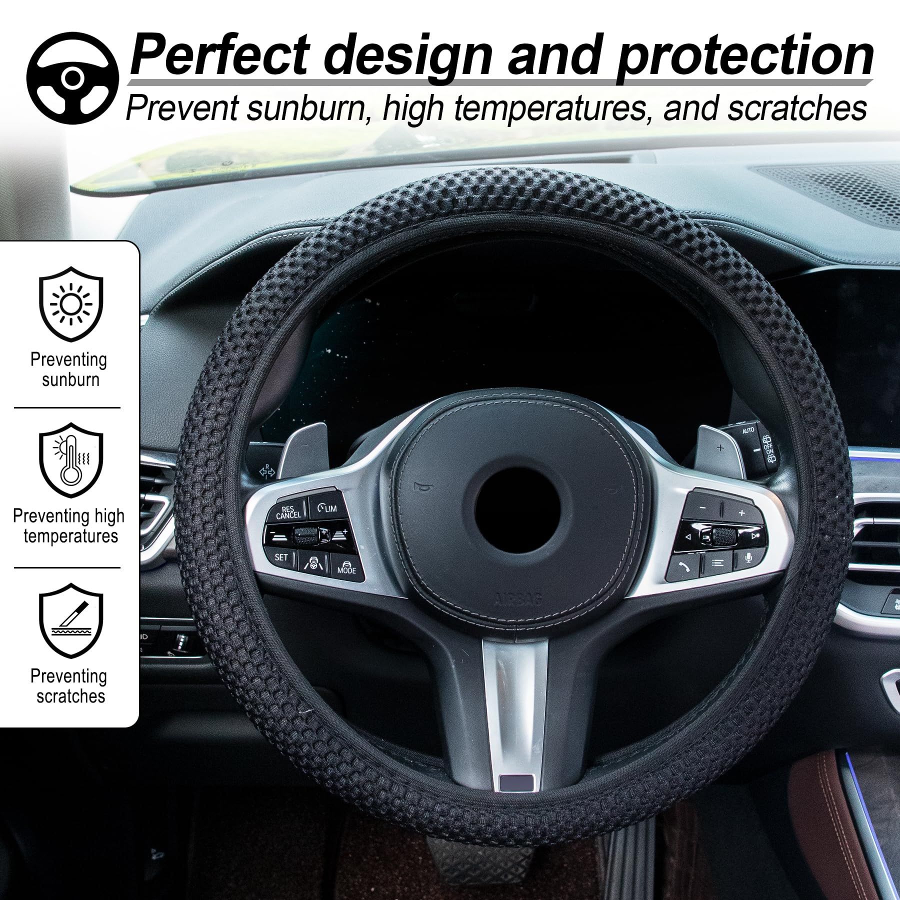 Elastic Stretch Steering Wheel Cover,Warm in Winter and Cool in Summer, Universal 15 inch, Microfiber Breathable Ice Silk, Anti-Slip, Odorless, Easy Carry,Black - Image 5