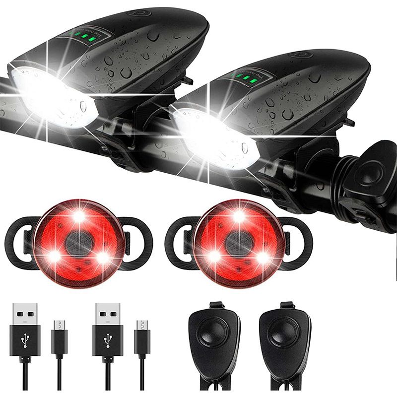 Bike Lights Set with Horn 1400LM USB Rechargeable Bicycle Headlight & Tail Light & Horn Waterproof 3 Lighting Modes Fits Bicycles for Road and Mountain - Image 1