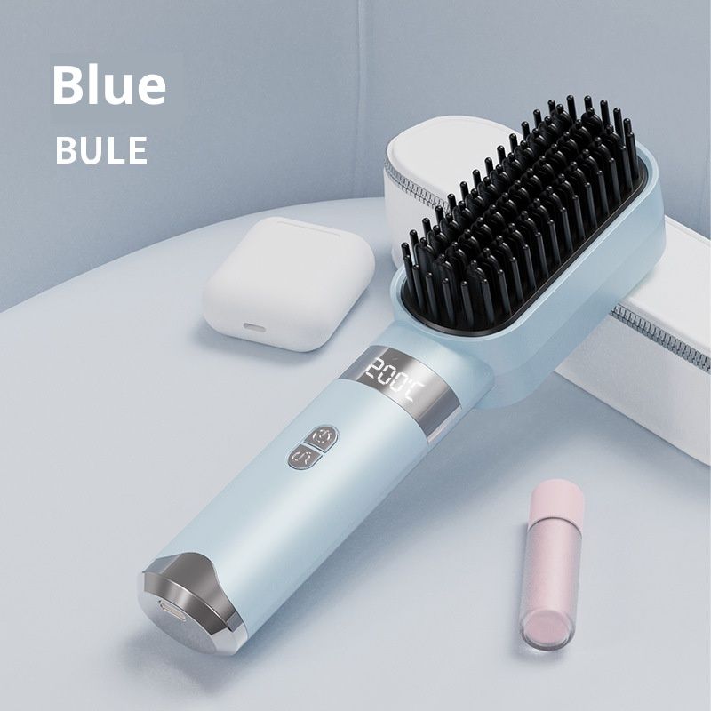Cordless Hair Straightener Brush Portable on The go Comb for Travel USB chargingTwo Power sources Fast HeatingLCD Large Screen Display (blue) - Image 1
