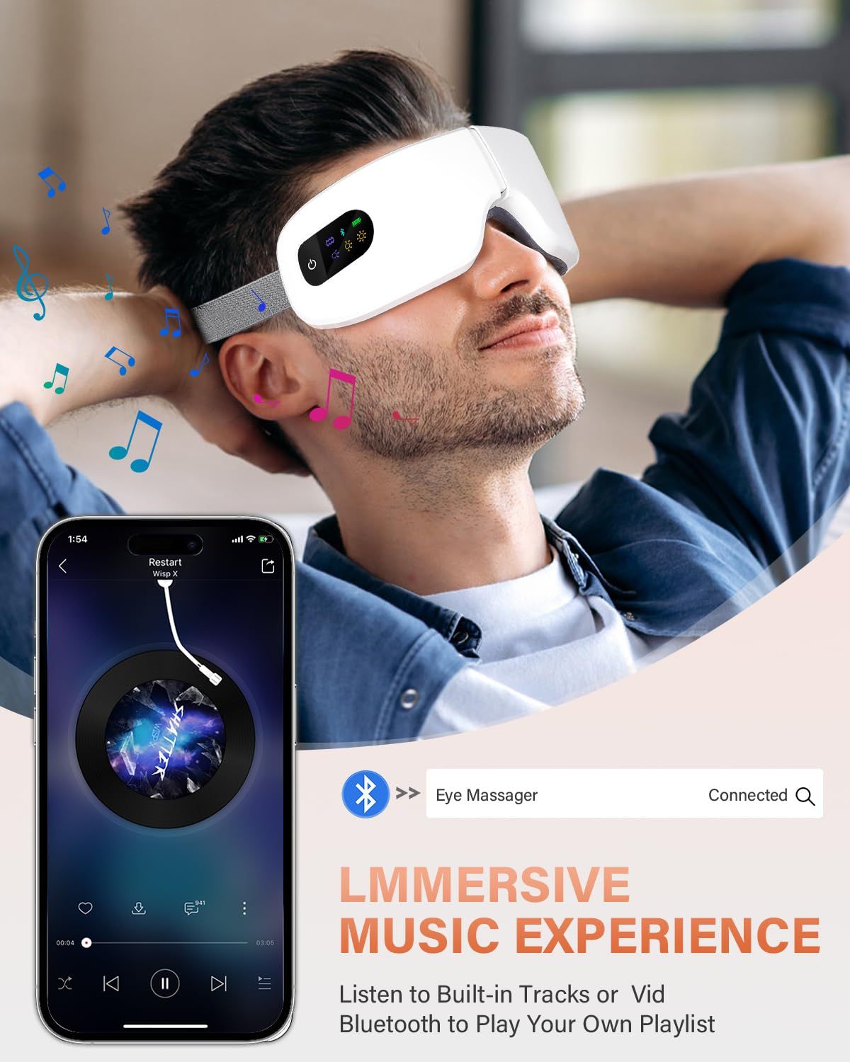 Eye Massager with Heat, 5 Massage Modes, Eye Mask, Birthday Gifts for Women, Men, Friend, Mom and Dad, Sleep Mask for Relax, Migraine Relief, Reduce Strain, Improve Sleep, White - Image 3