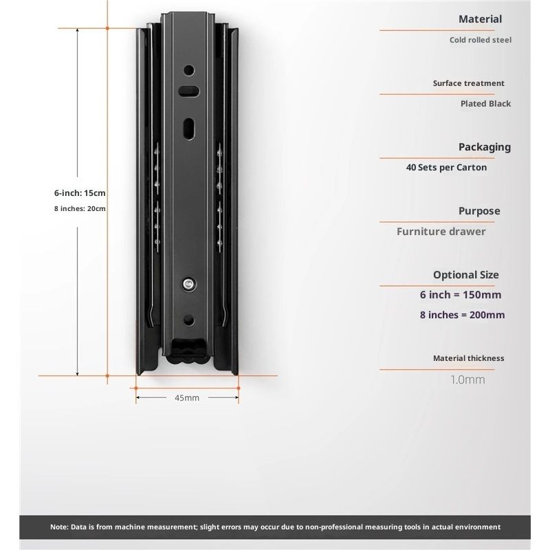 2 Pairs 8+6 Inch Full Extension Less Noise Drawer Slides all Bearing Side Mounted Drawer Slider Heavy Duty Drawer Slides, Black - Image 3