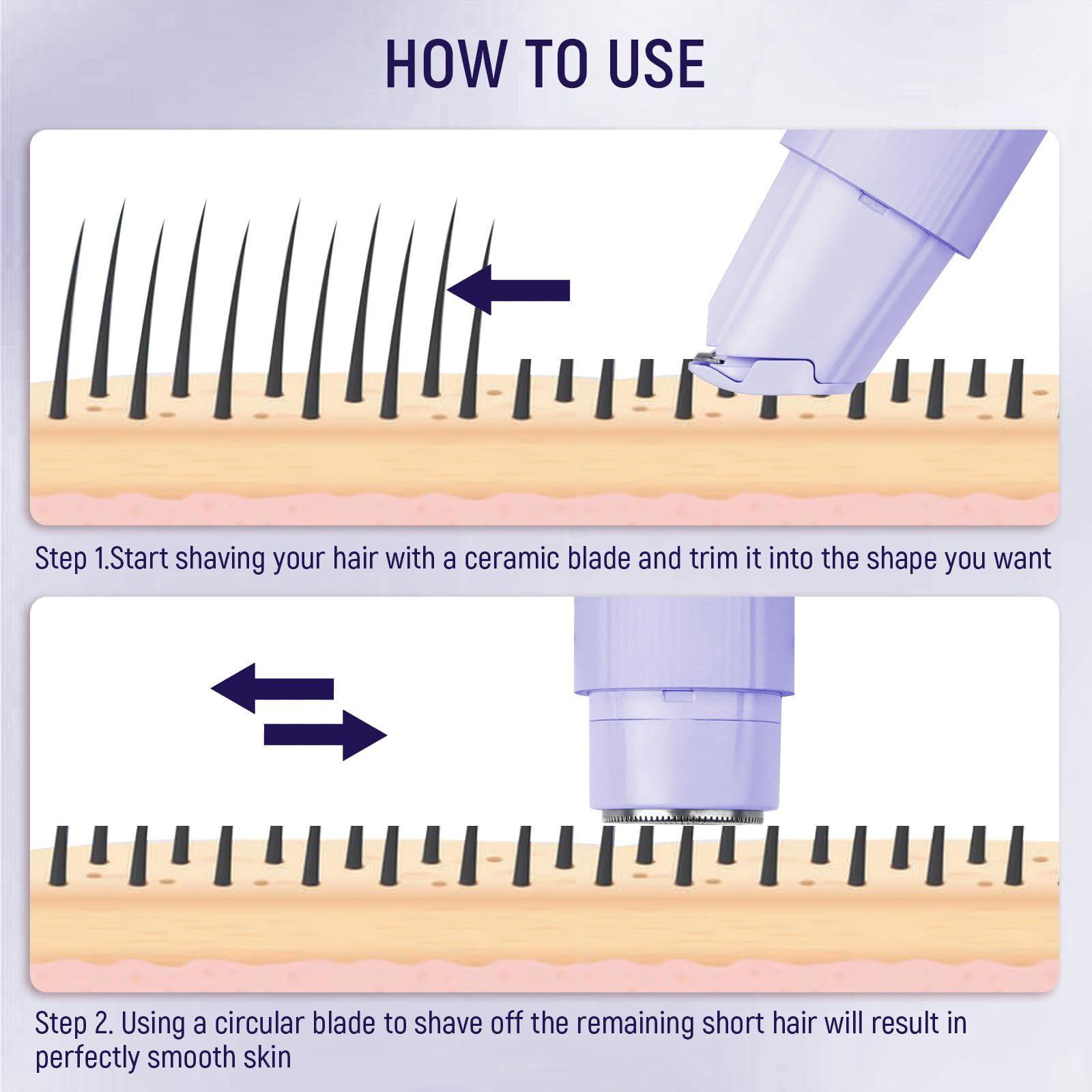 2 in 1 Bikini Trimmer for Women, Dual Head Electric Razor,Wet/Dry Use Women Electric Shaver, Painless Body Facial Hair Remover for Bikini Legs Arm Underarm,(Purple16.5*3.2*2.8cm) - Image 2