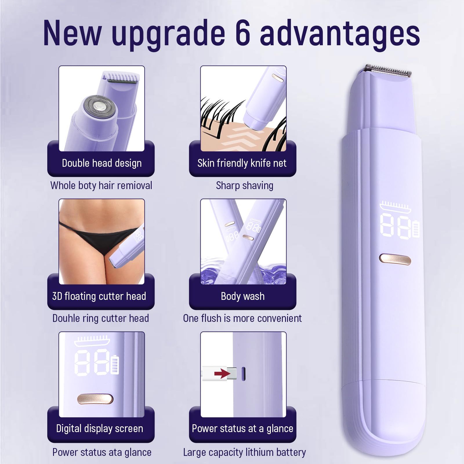 2 in 1 Bikini Trimmer for Women, Dual Head Electric Razor,Wet/Dry Use Women Electric Shaver, Painless Body Facial Hair Remover for Bikini Legs Arm Underarm,(Purple16.5*3.2*2.8cm) - Image 5