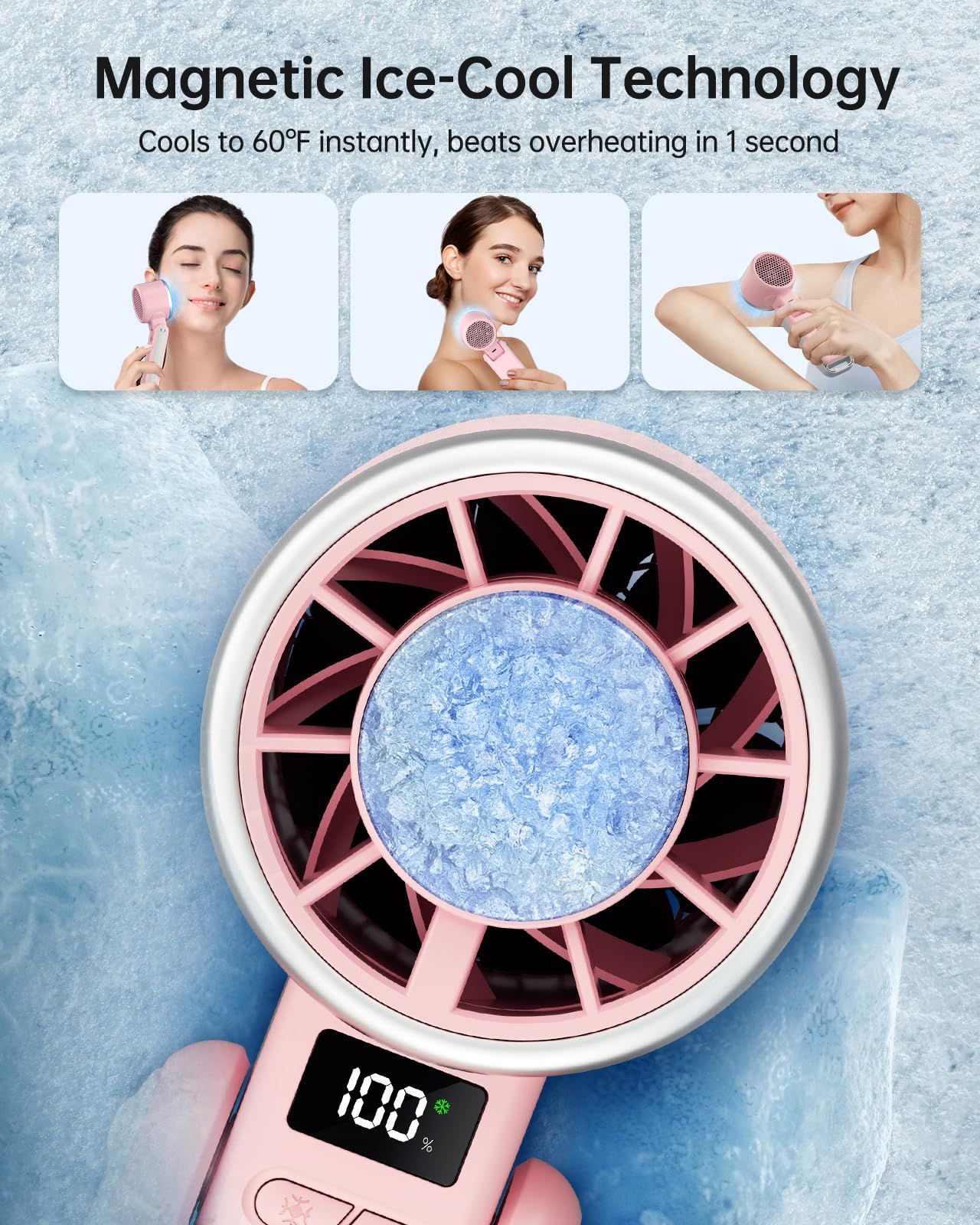 Portable Handheld Turbo Fan with Ice Cooling, 5 Speed Battery Rechargeable Foldable 2in 1 Mini Fan,Desk Fan, Quiet Personal Fans for Outdoor, Travel, Camping, Hiking, Working pink （16.8*5.3*4.7cm) - Image 2