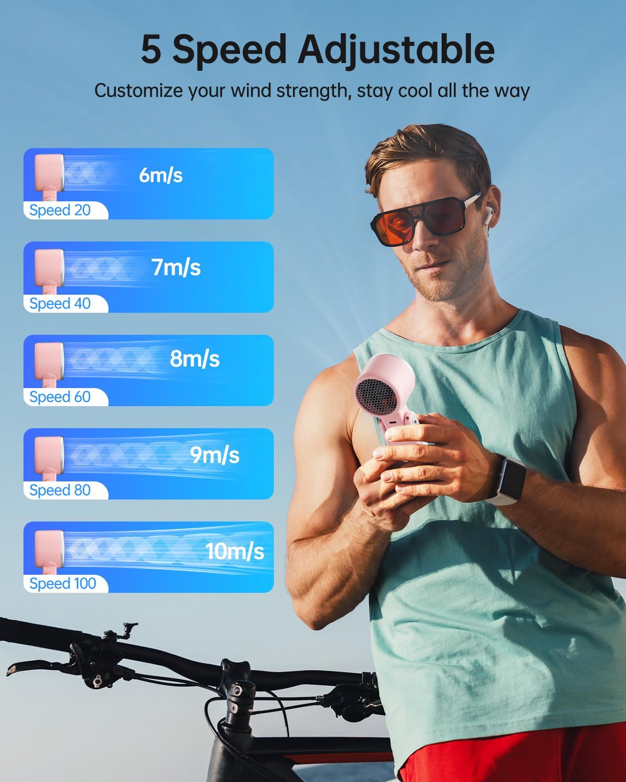 Portable Handheld Turbo Fan with Ice Cooling, 5 Speed Battery Rechargeable Foldable 2in 1 Mini Fan,Desk Fan, Quiet Personal Fans for Outdoor, Travel, Camping, Hiking, Working pink （16.8*5.3*4.7cm) - Image 4