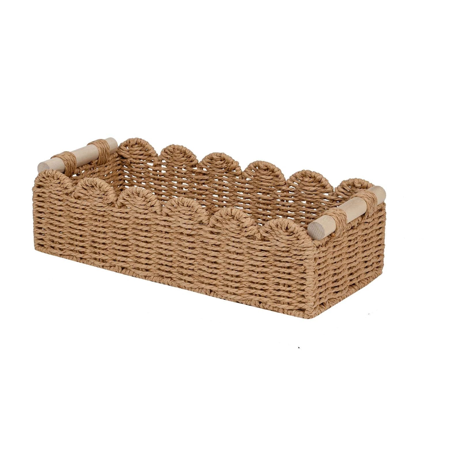 Toilet Paper Storage Basket  Edge Home Decor Basket, Living Room Cozy Decor, Paper Rope Small Baskets for Over Toilet Storage Shelf, End Table, Shelves, with 2 Wooden Handles, Brown 30*12.5*7.5cm，The packaging only includes one paper basket - Image 1