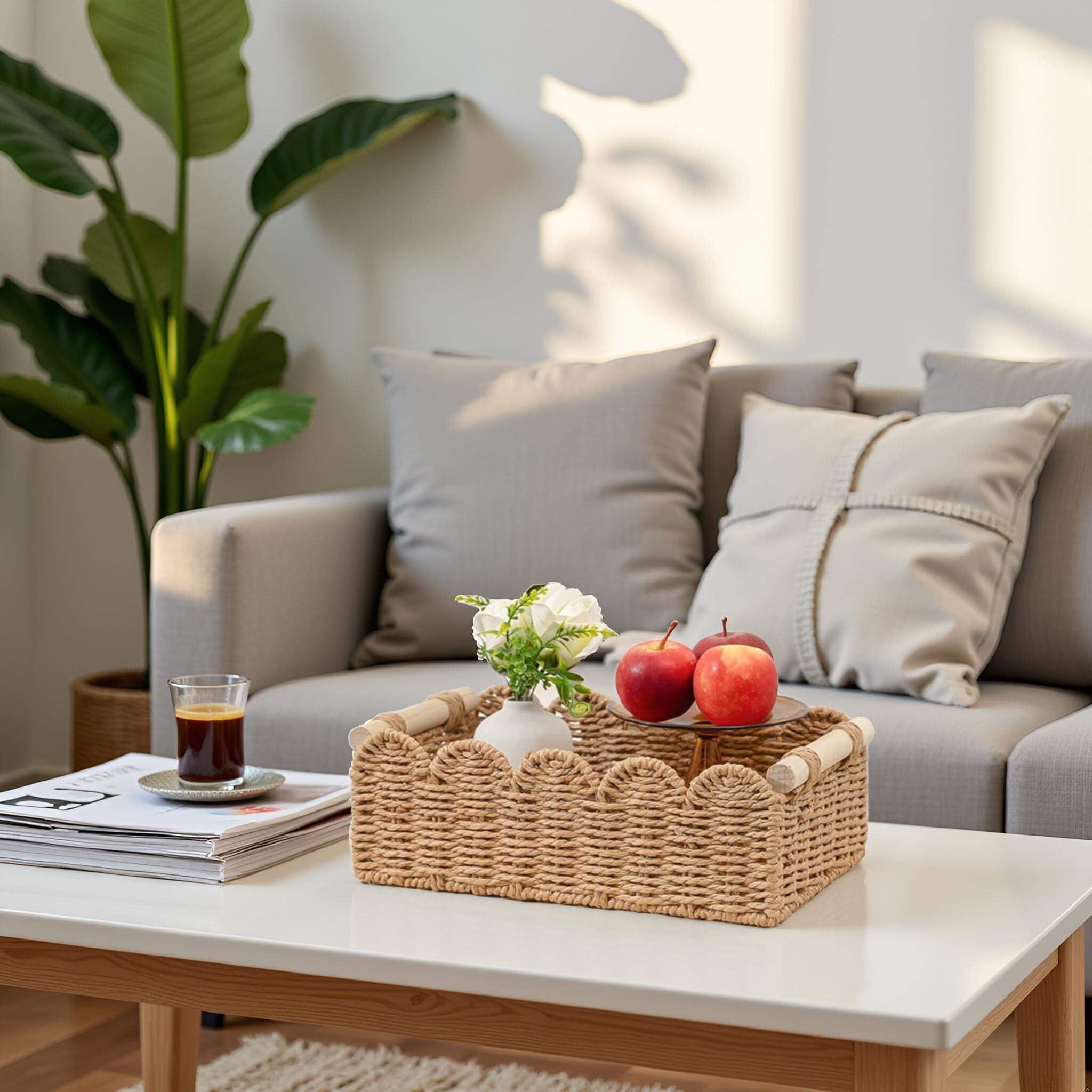Toilet Paper Storage Basket  Edge Home Decor Basket, Living Room Cozy Decor, Paper Rope Small Baskets for Over Toilet Storage Shelf, End Table, Shelves, with 2 Wooden Handles, Brown 30*12.5*7.5cm，The packaging only includes one paper basket - Image 2