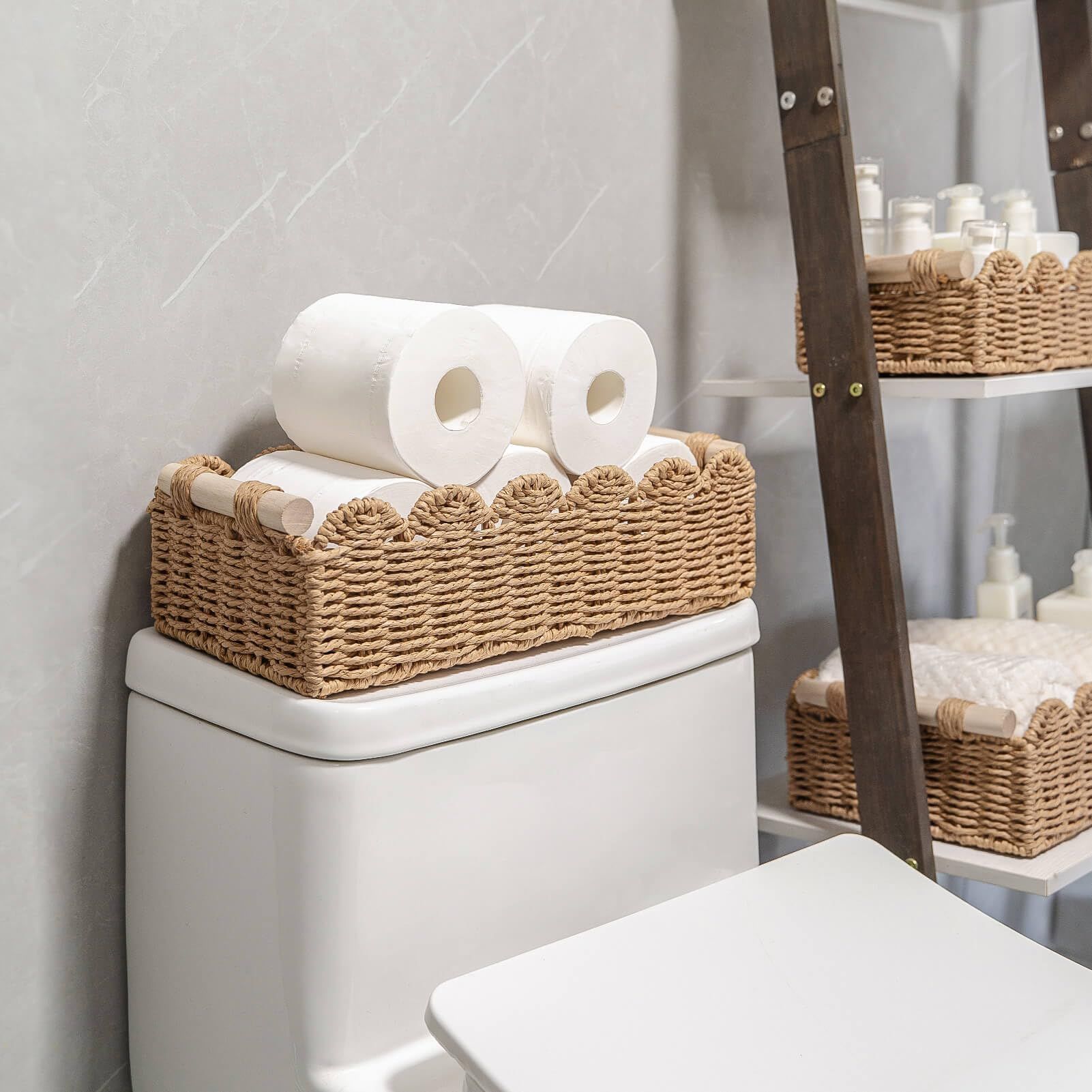 Toilet Paper Storage Basket  Edge Home Decor Basket, Living Room Cozy Decor, Paper Rope Small Baskets for Over Toilet Storage Shelf, End Table, Shelves, with 2 Wooden Handles, Brown 30*12.5*7.5cm，The packaging only includes one paper basket - Image 3
