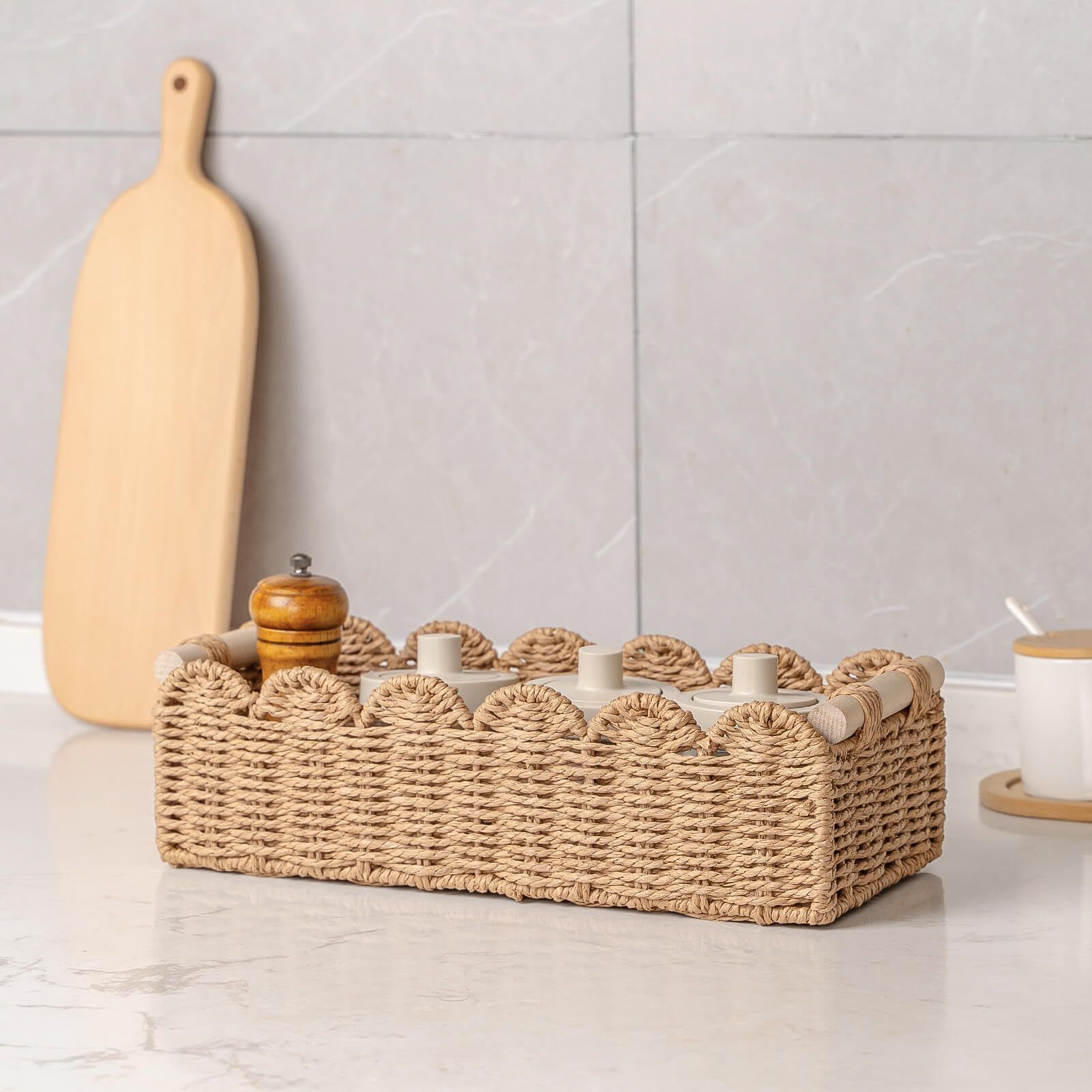 Toilet Paper Storage Basket  Edge Home Decor Basket, Living Room Cozy Decor, Paper Rope Small Baskets for Over Toilet Storage Shelf, End Table, Shelves, with 2 Wooden Handles, Brown 30*12.5*7.5cm，The packaging only includes one paper basket - Image 4
