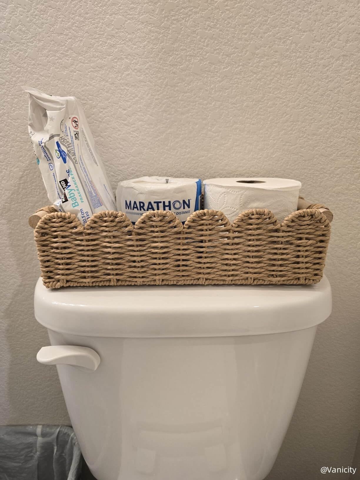 Toilet Paper Storage Basket  Edge Home Decor Basket, Living Room Cozy Decor, Paper Rope Small Baskets for Over Toilet Storage Shelf, End Table, Shelves, with 2 Wooden Handles, Brown 30*12.5*7.5cm，The packaging only includes one paper basket - Image 5
